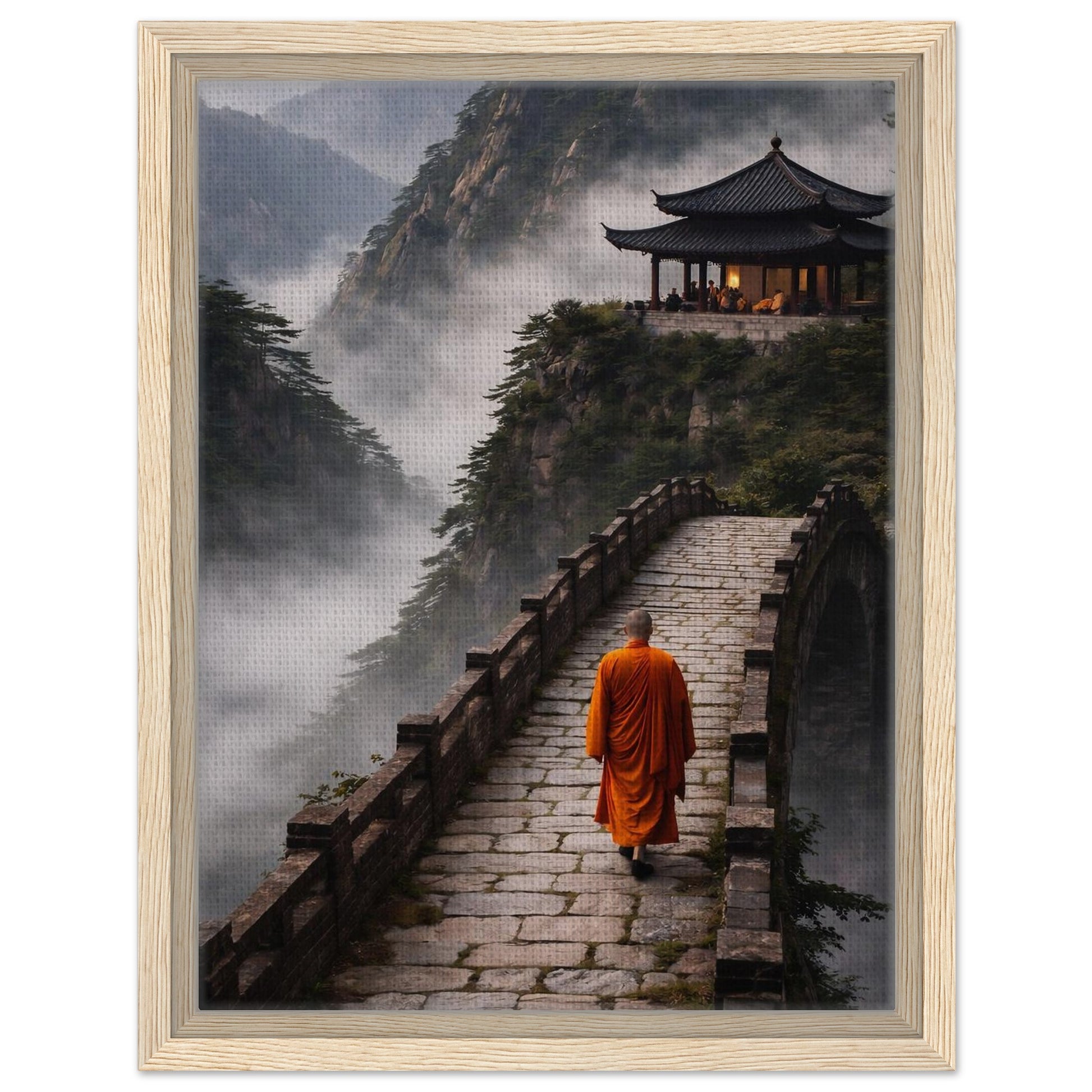 Monk mountain landscape canvas print finished with a light natural wood frame