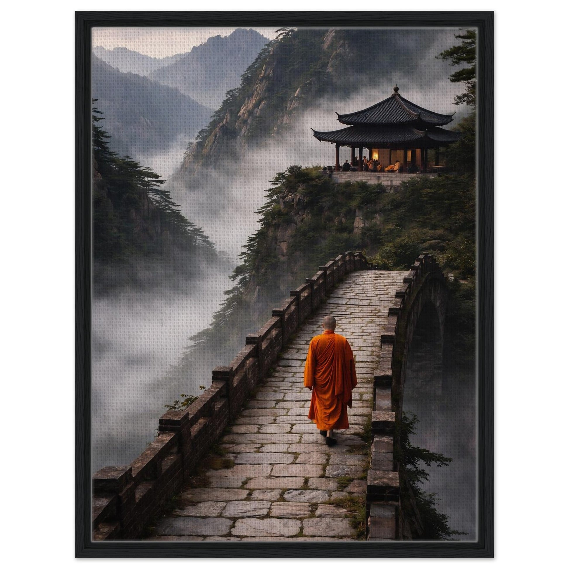 Mountain temple meditation canvas wall decor in a matte black frame