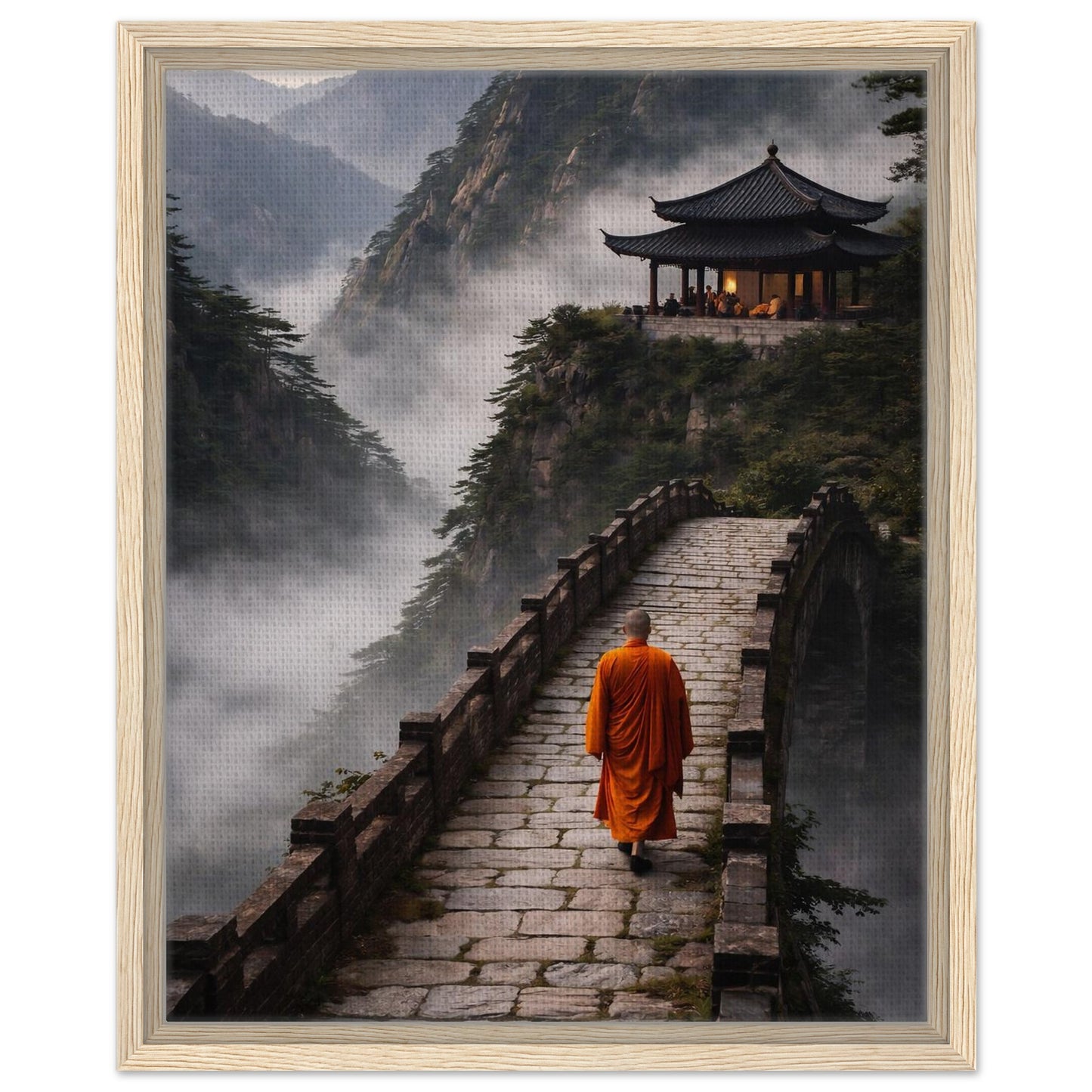 Peaceful mountain monk canvas artwork presented in a natural oak frame