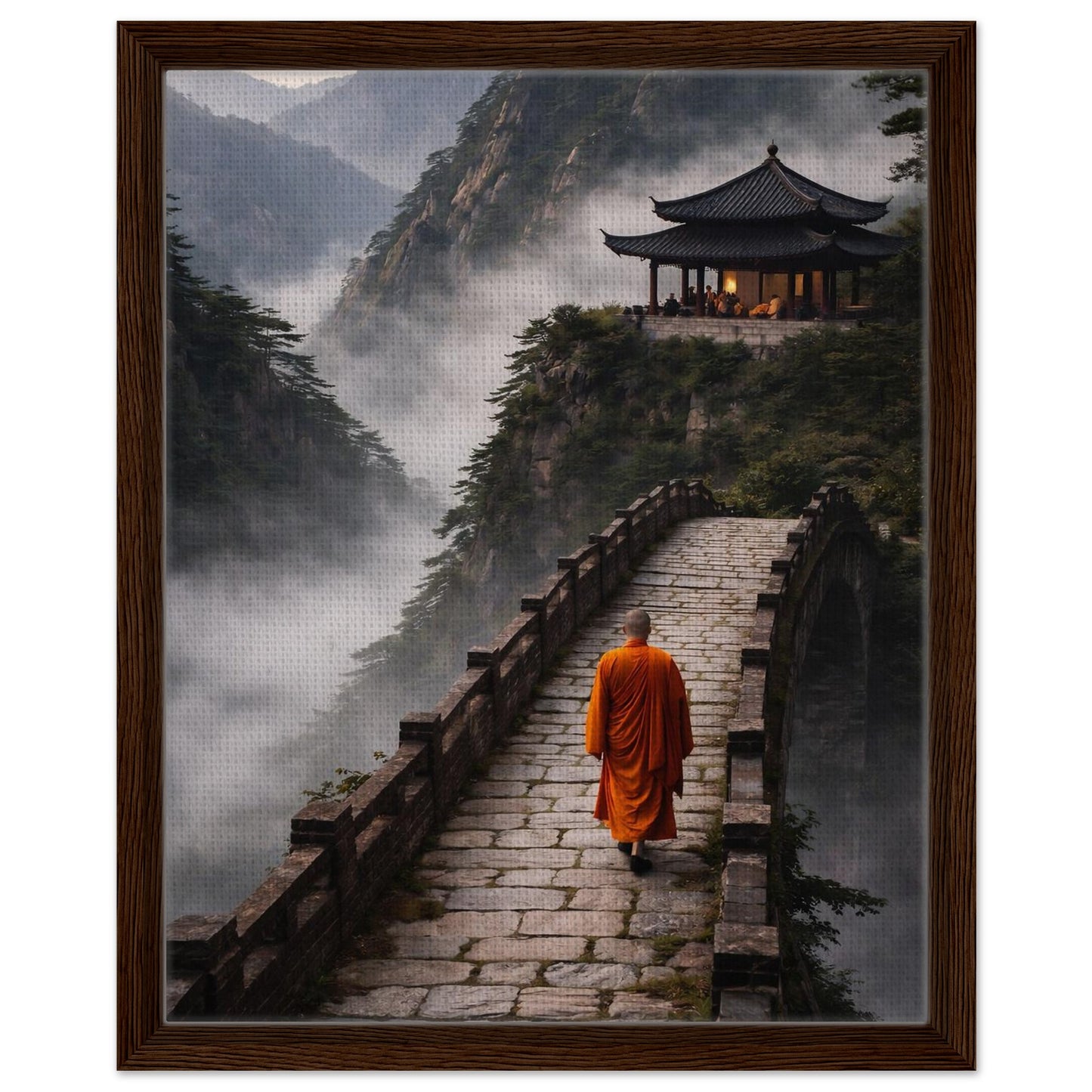 Asian mountain temple canvas artwork surrounded by a rich brown wood frame