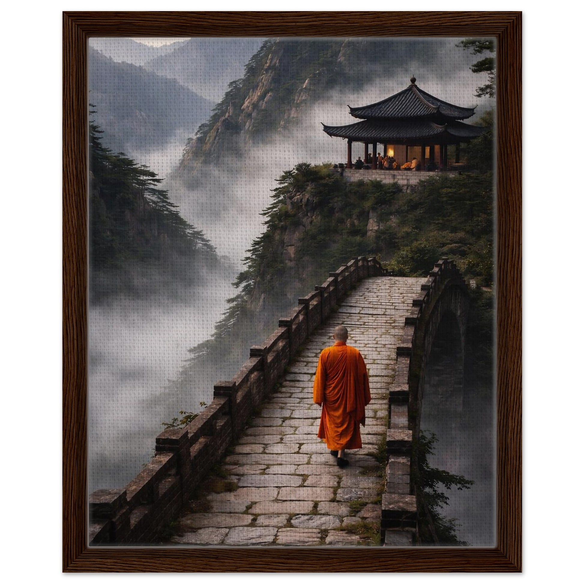 Asian mountain temple canvas artwork surrounded by a rich brown wood frame