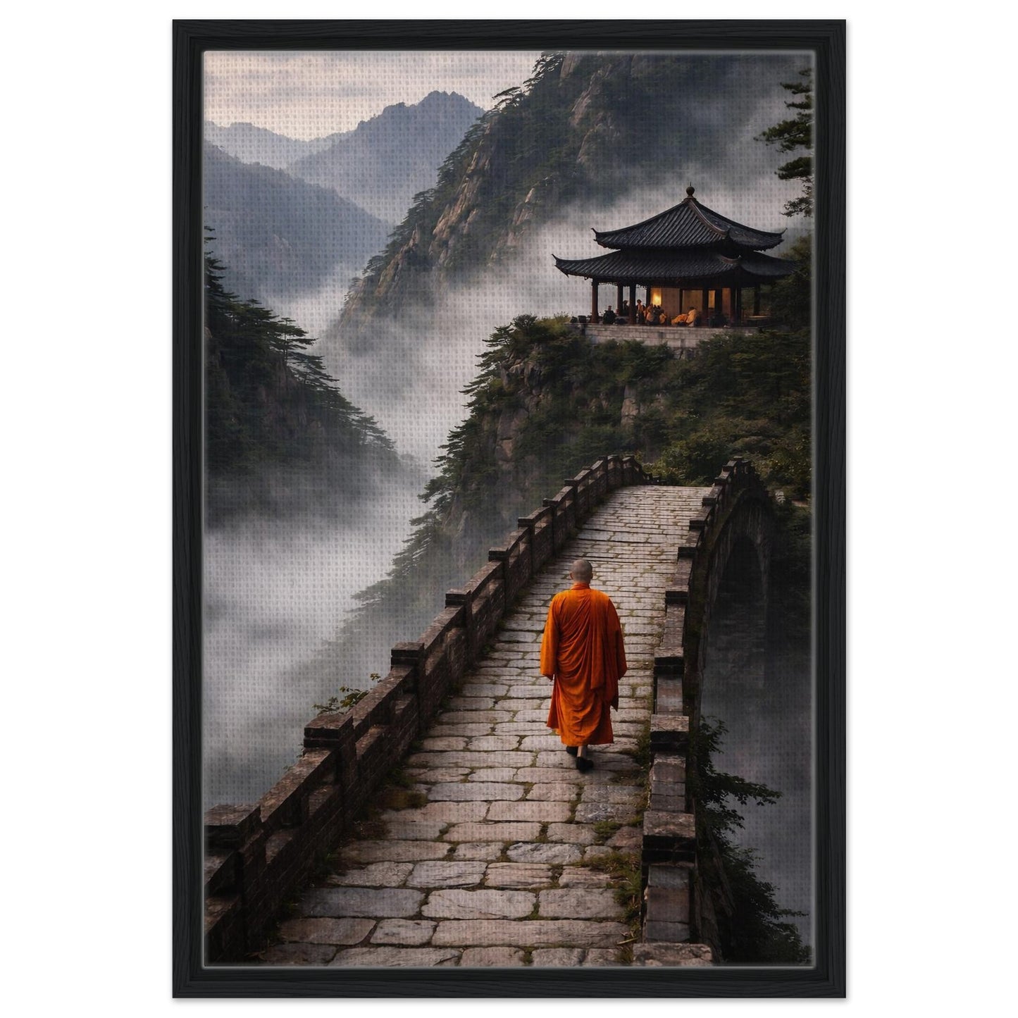 Serene mountain temple canvas print presented in a slim black frame