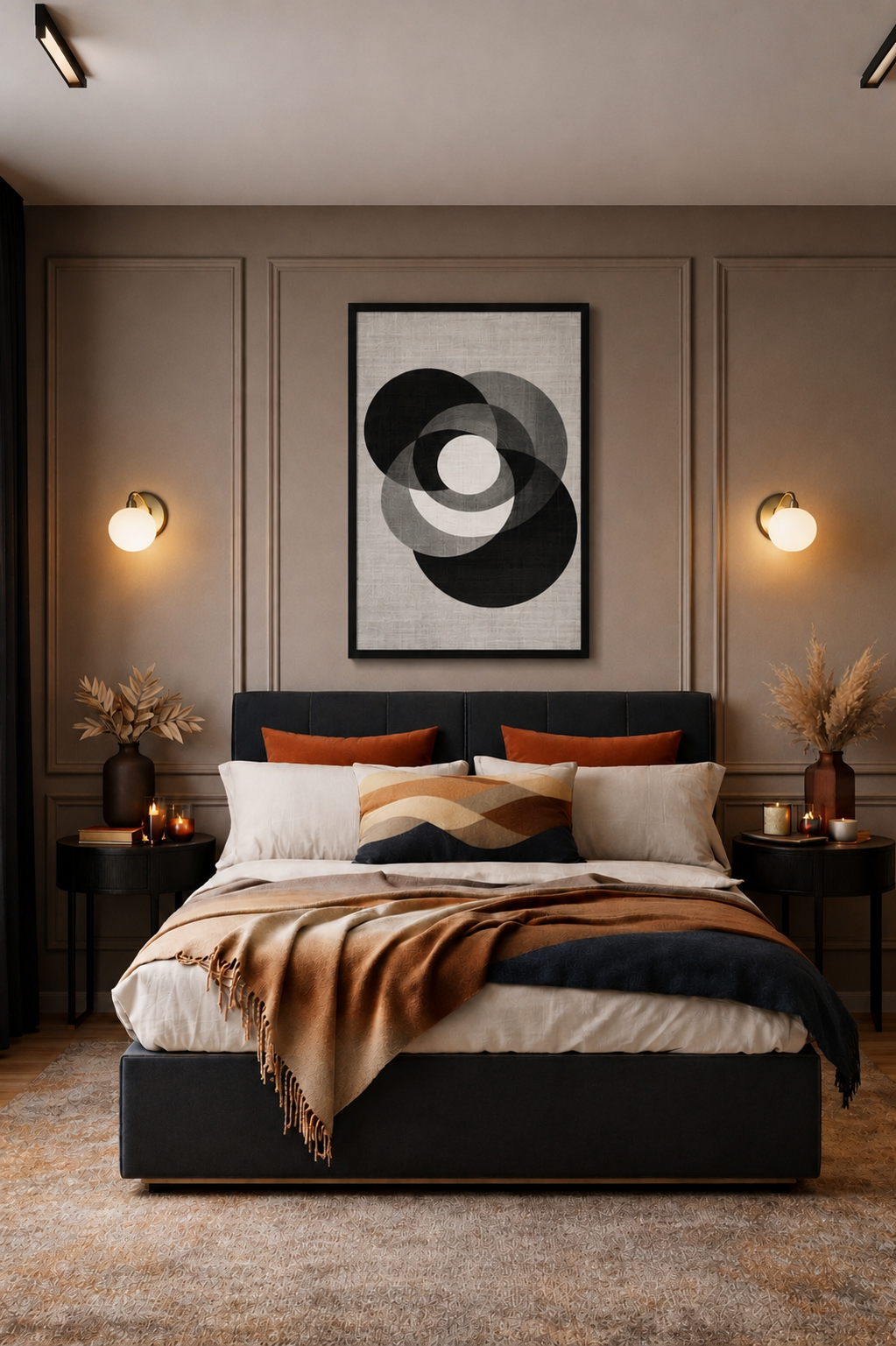 Abstract black and white geometric wall art poster in a realistic black wooden frame above a modern upholstered bed in a cozy luxury bedroom interior.