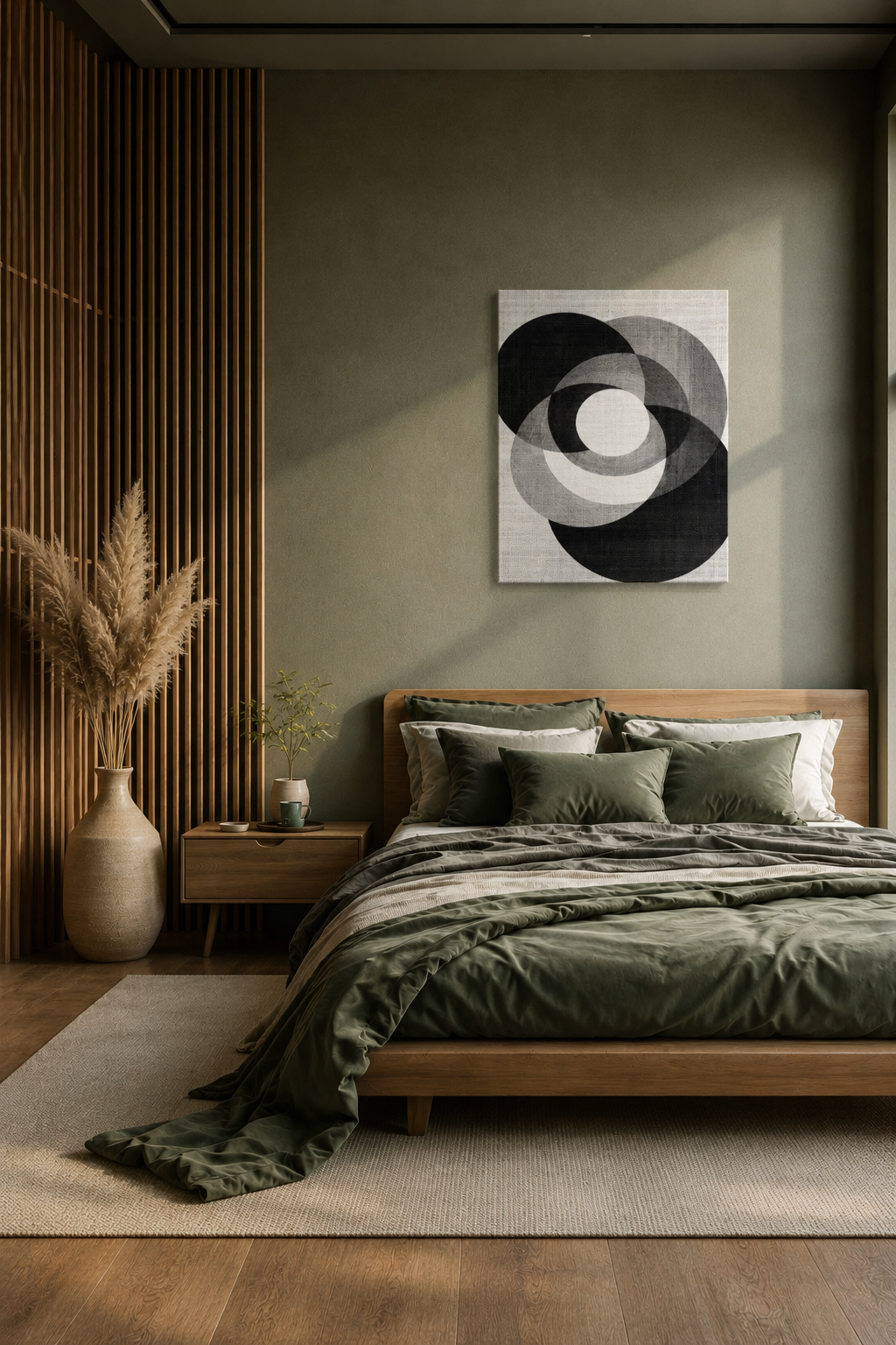 Abstract black and white canvas wall art above bed in a modern earthy bedroom with wooden accents