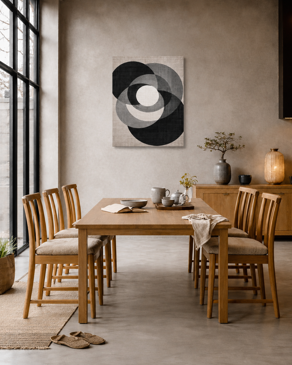 Black and white abstract canvas wall art in a modern Scandinavian dining room with wooden table and neutral decor