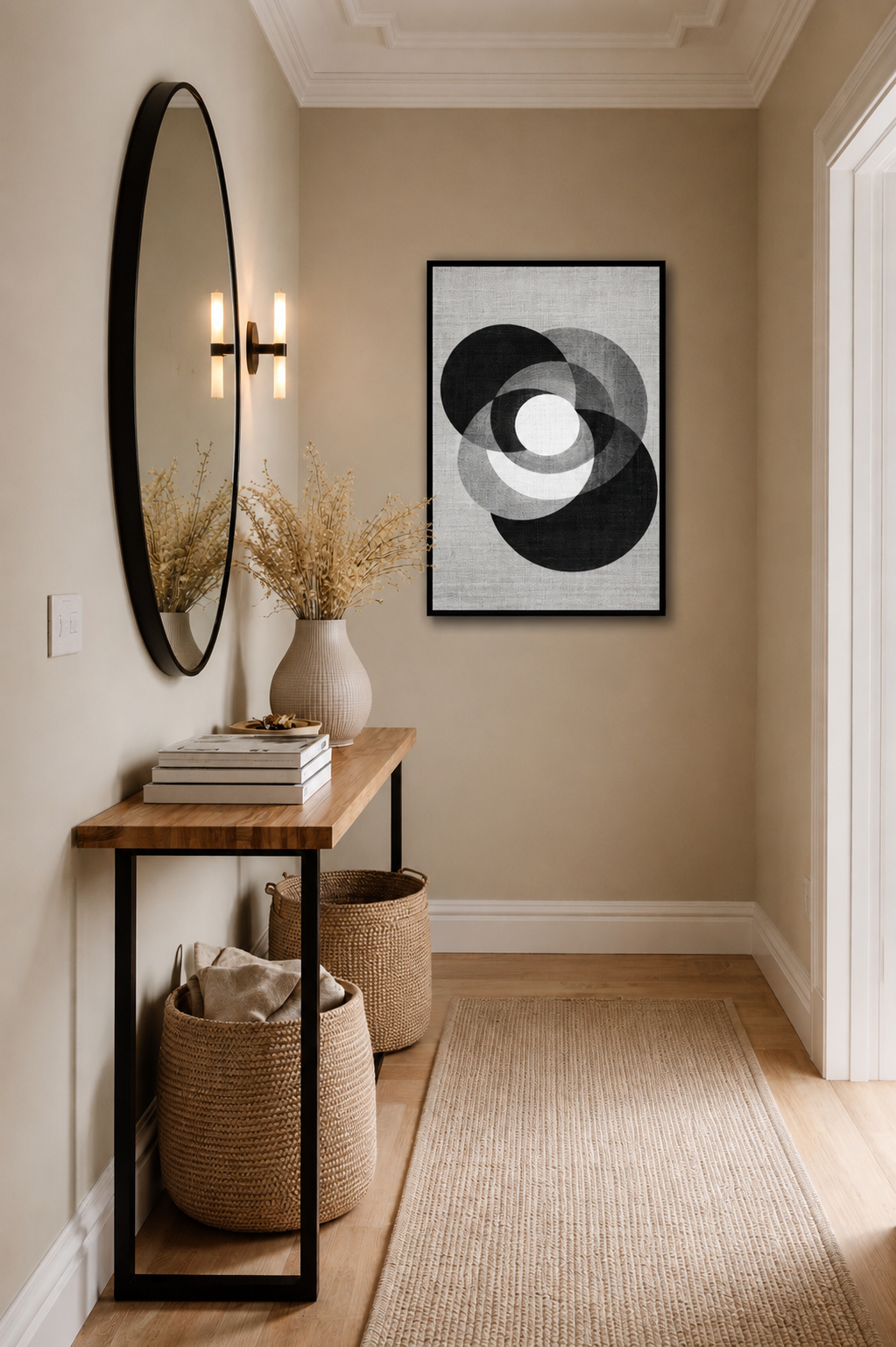 Modern black and white abstract poster in a realistic black wooden frame styled in a Scandinavian hallway with natural wood furniture and neutral decor.