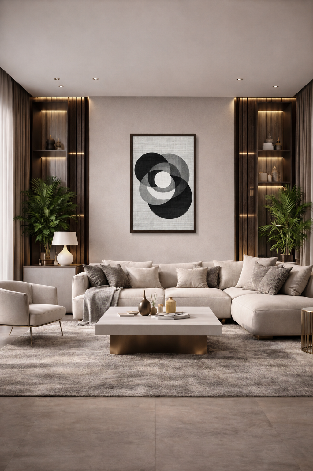 Minimalist abstract wall art print with a realistic dark wooden frame displayed above a beige sectional sofa in a modern luxury living room.