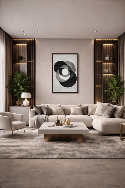 Minimalist abstract wall art print with a realistic dark wooden frame displayed above a beige sectional sofa in a modern luxury living room.