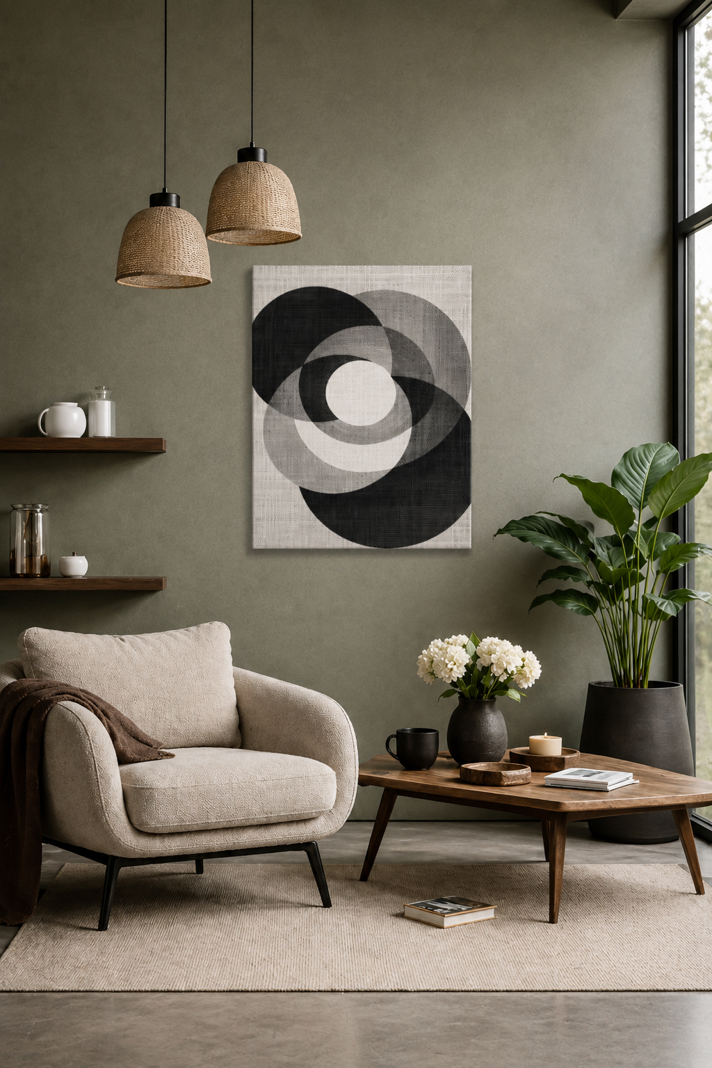 Minimalist geometric canvas wall art in a cozy modern living room with beige armchair and olive green wall