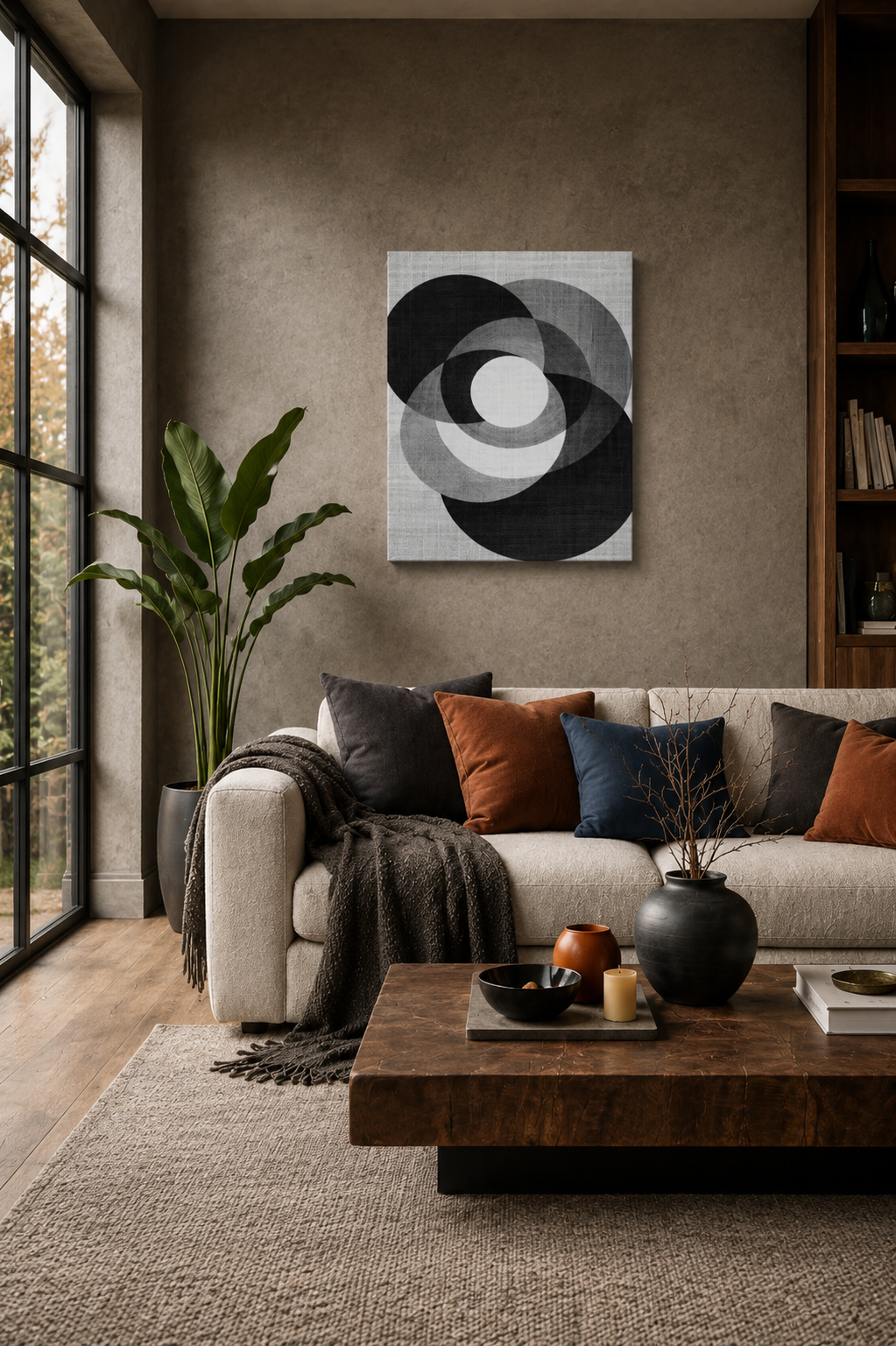 Large abstract canvas wall art in a contemporary living room with neutral sofa and wooden coffee table