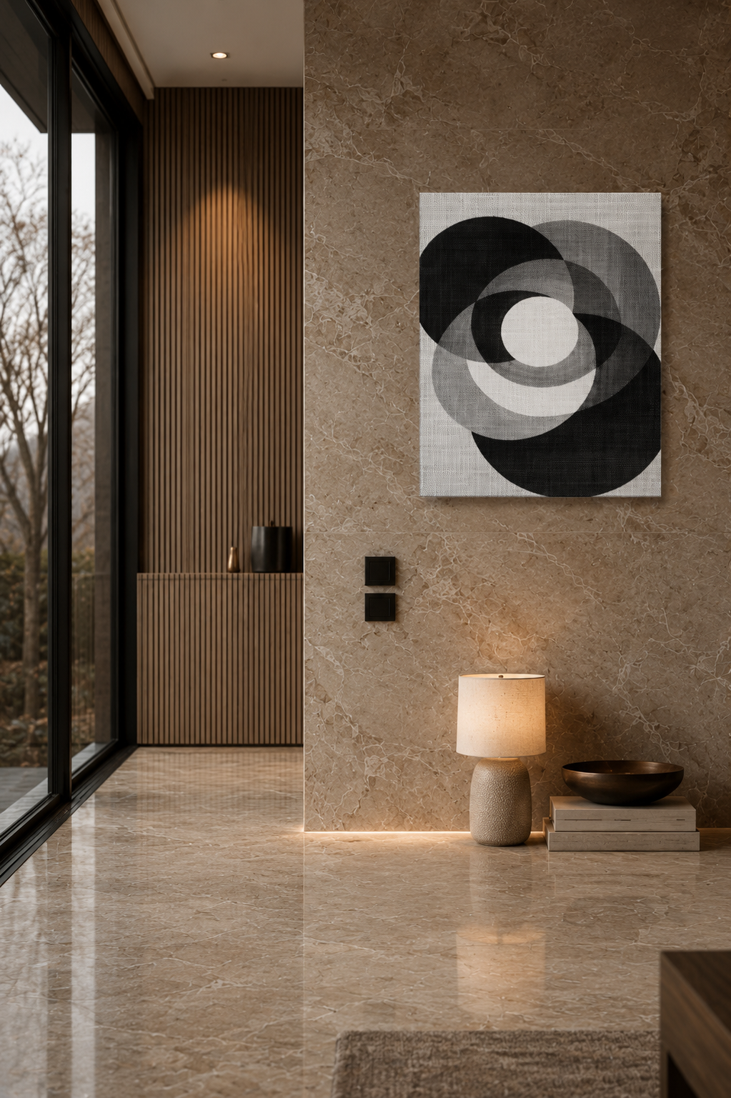 Minimalist abstract canvas wall art displayed on a beige marble wall in a luxurious modern interior