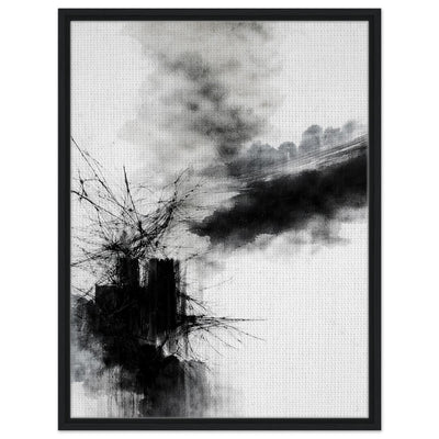 Monochrome abstract wall art with expressive black ink forms on a white background