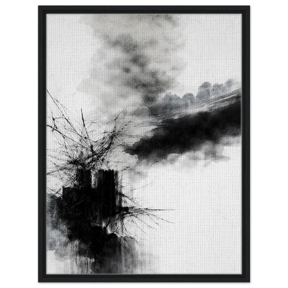 Monochrome abstract wall art with expressive black ink forms on a white background