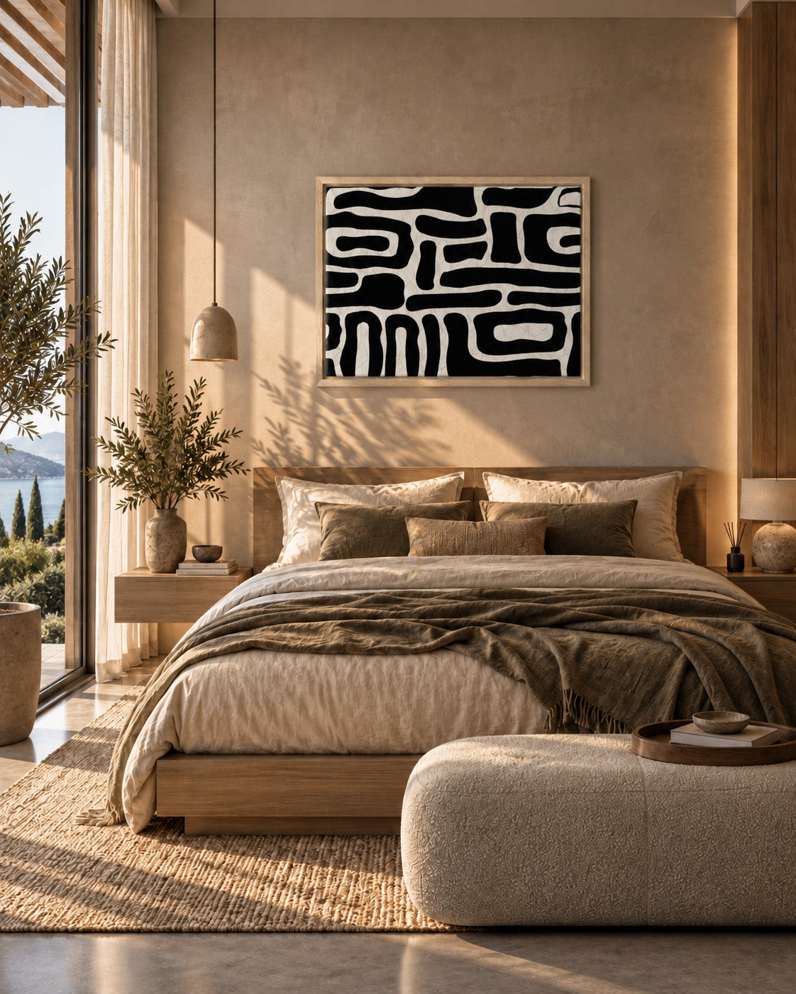 Monochrome geometric artwork displayed above bed in a warm minimalist bedroom