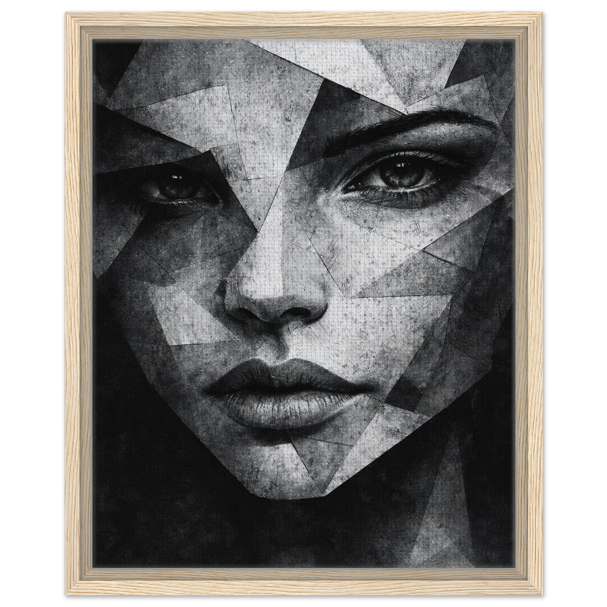 Monochrome woman portrait with fragmented geometric details in natural wood frame