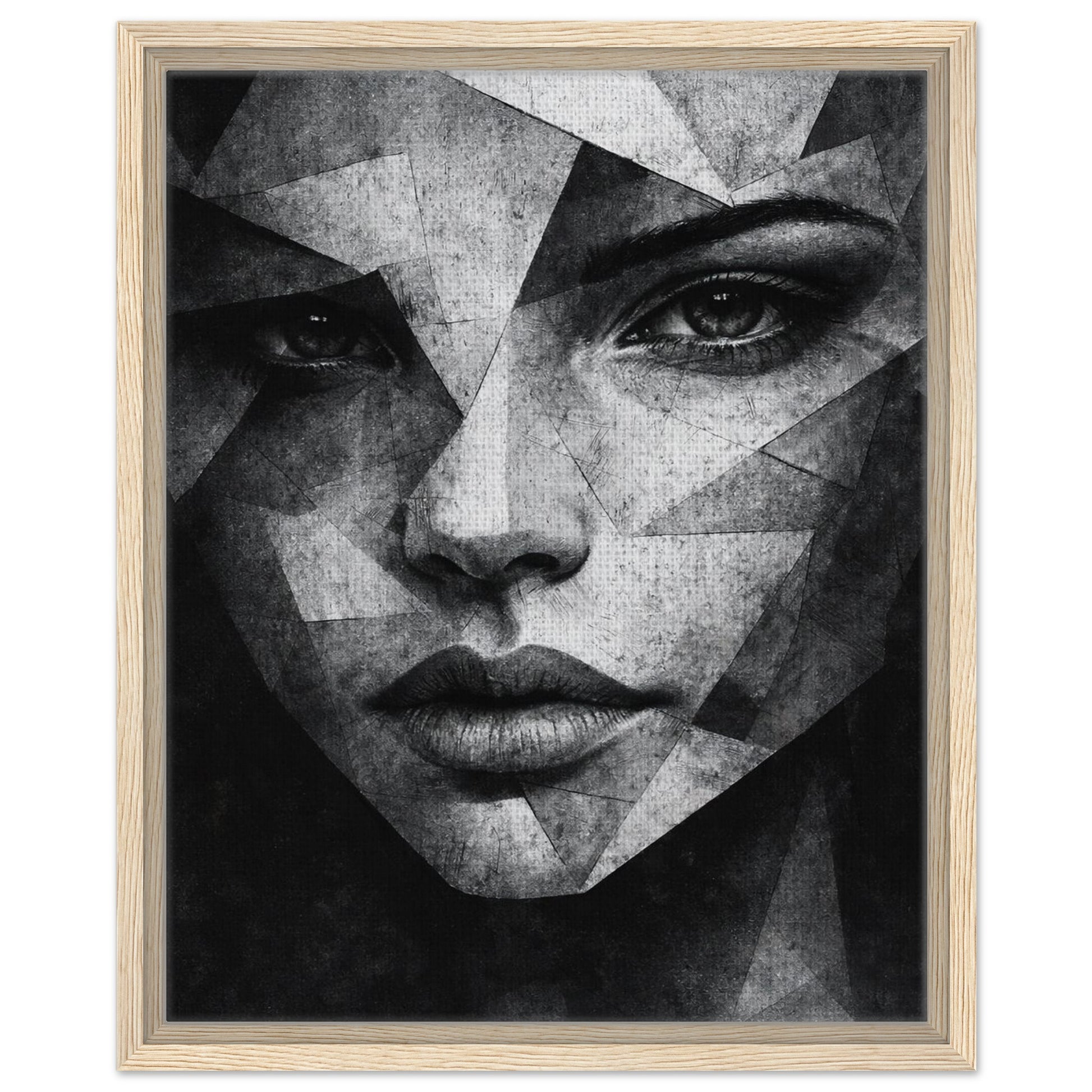 Monochrome woman portrait with fragmented geometric details in natural wood frame
