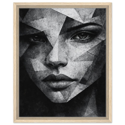Monochrome woman portrait with fragmented geometric details in natural wood frame