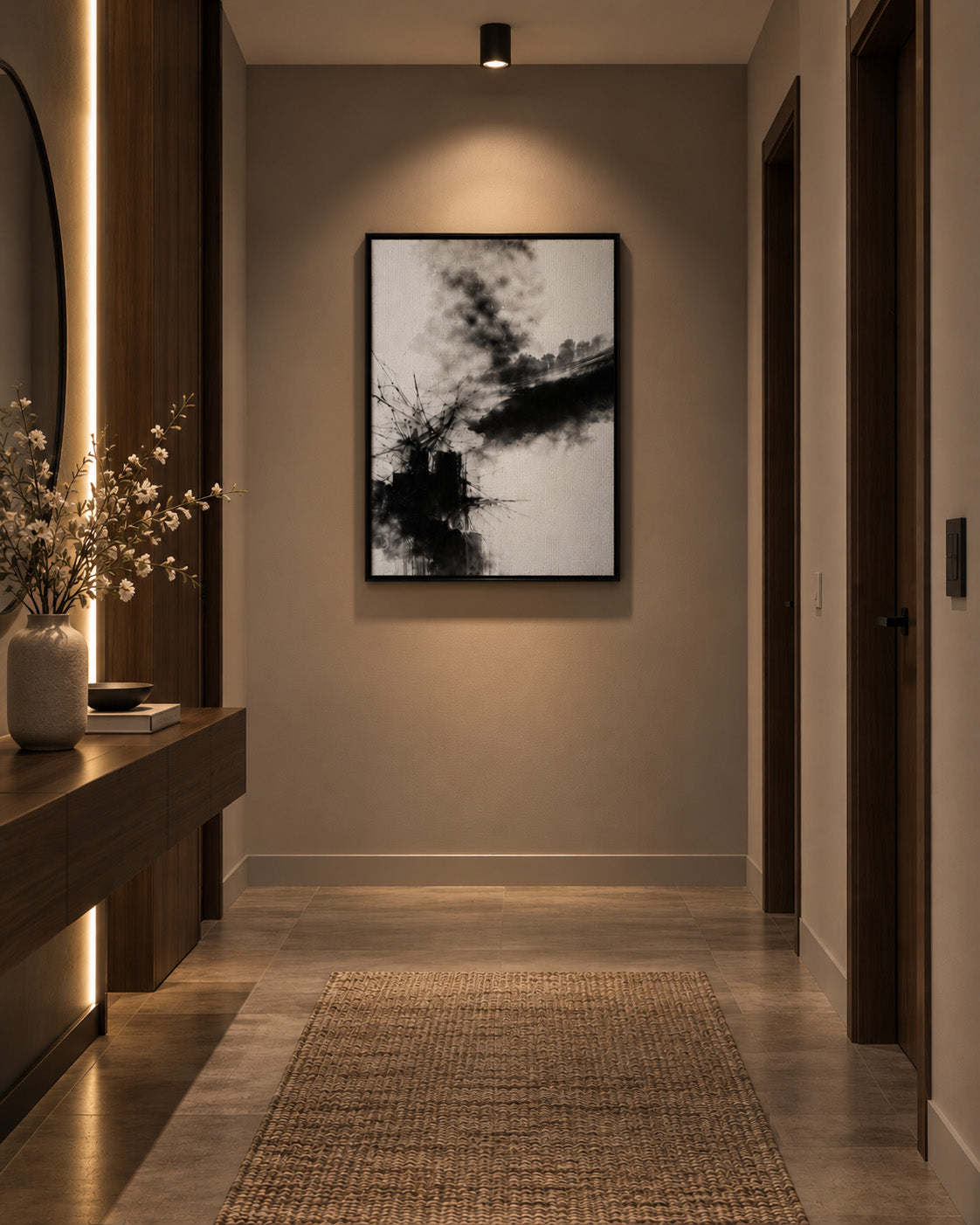 Moody monochrome abstract artwork displayed in a minimalist hallway