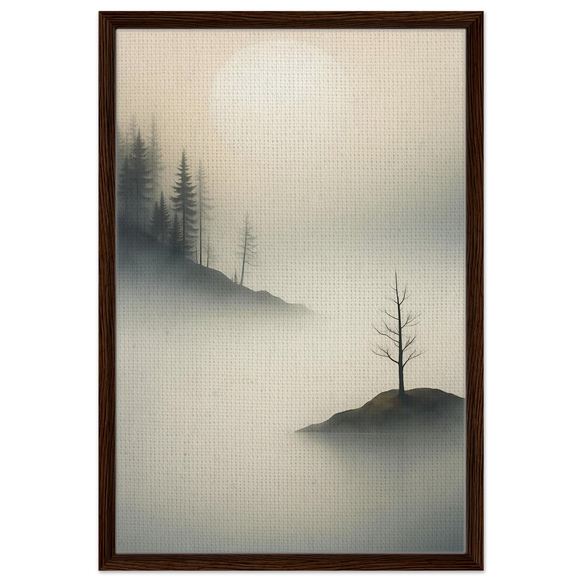 Moody forest landscape with solitary tree and layered fog in a black frame