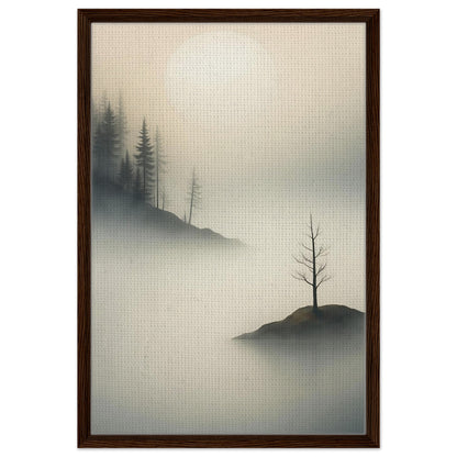 Moody forest landscape with solitary tree and layered fog in a black frame