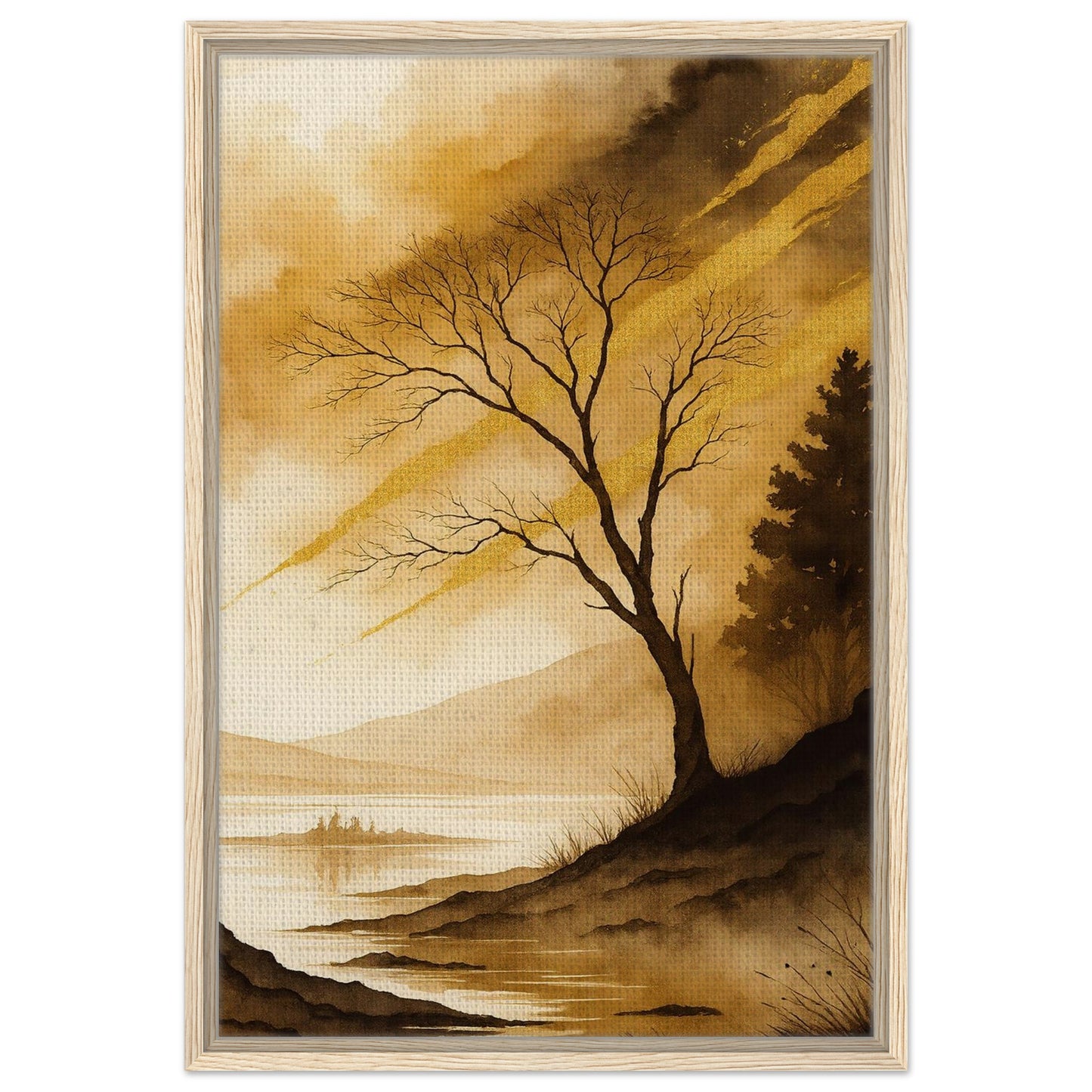 Moody golden landscape artwork with silhouetted tree and distant mountains in dark wood frame