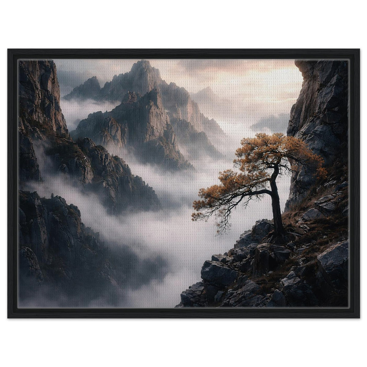 Moody mountain cliff landscape with fog and lone pine tree in a black frame