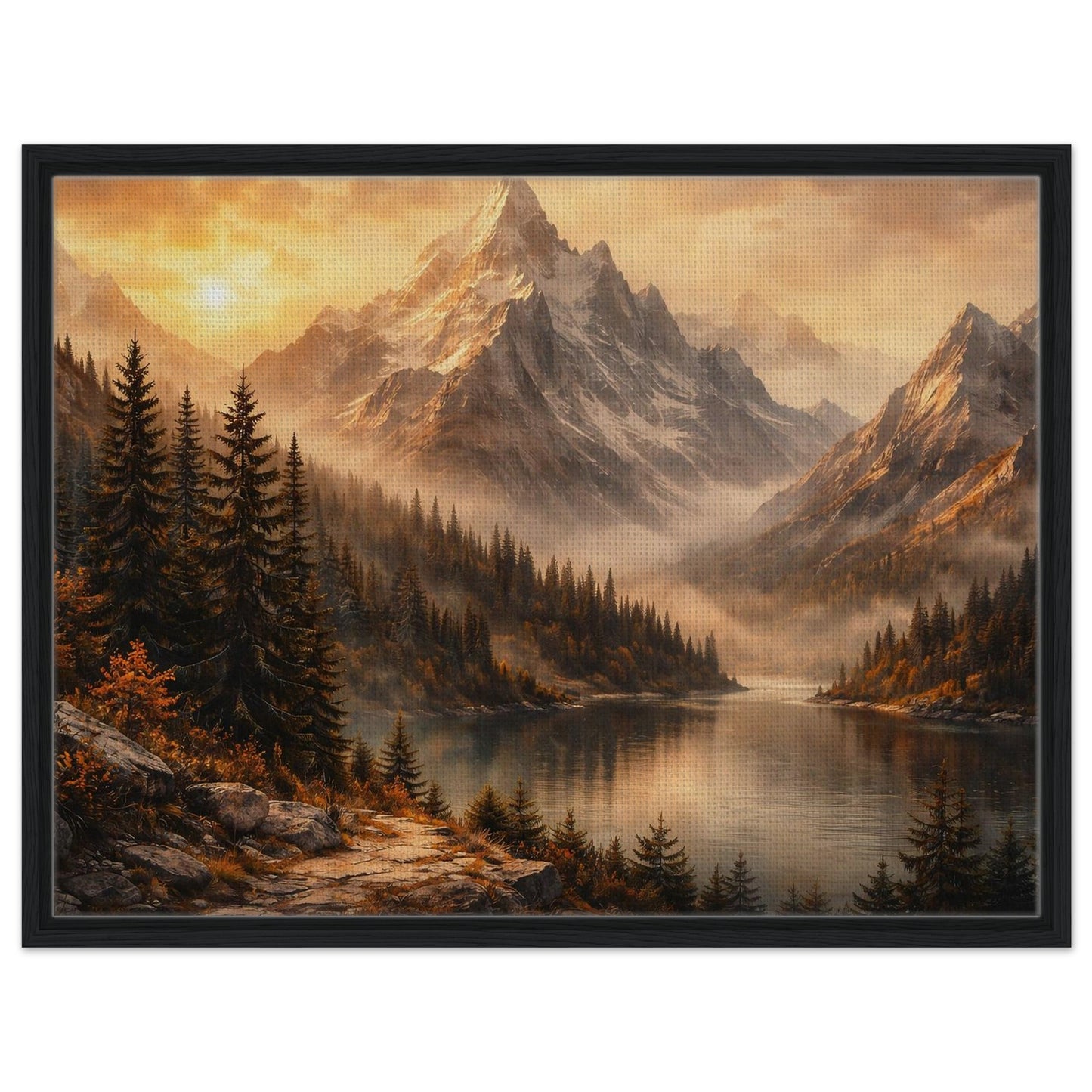 Moody mountain lake artwork with dramatic peaks and autumn forest in dark wood frame