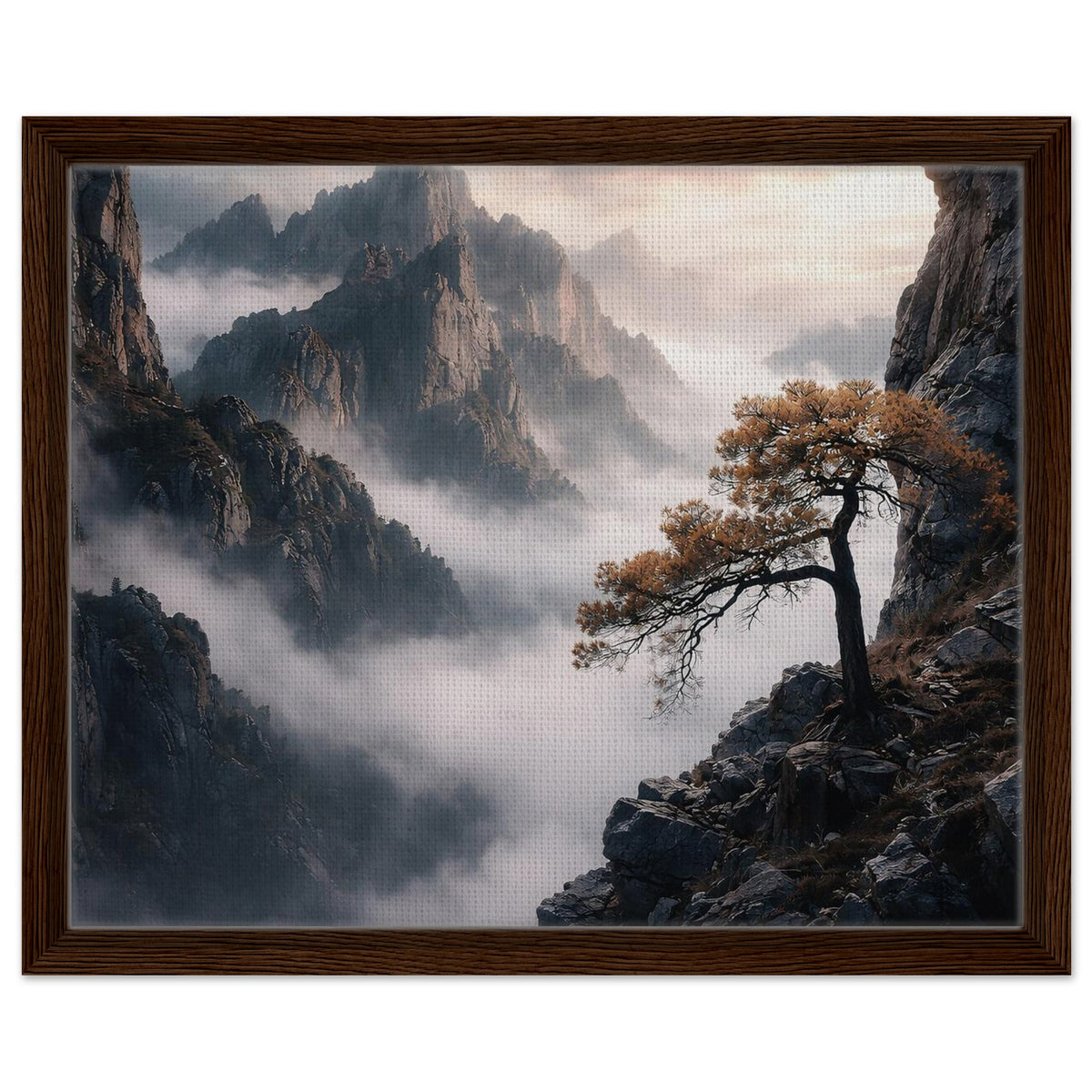 Moody pine tree and mountain landscape surrounded by mist in a dark wood frame