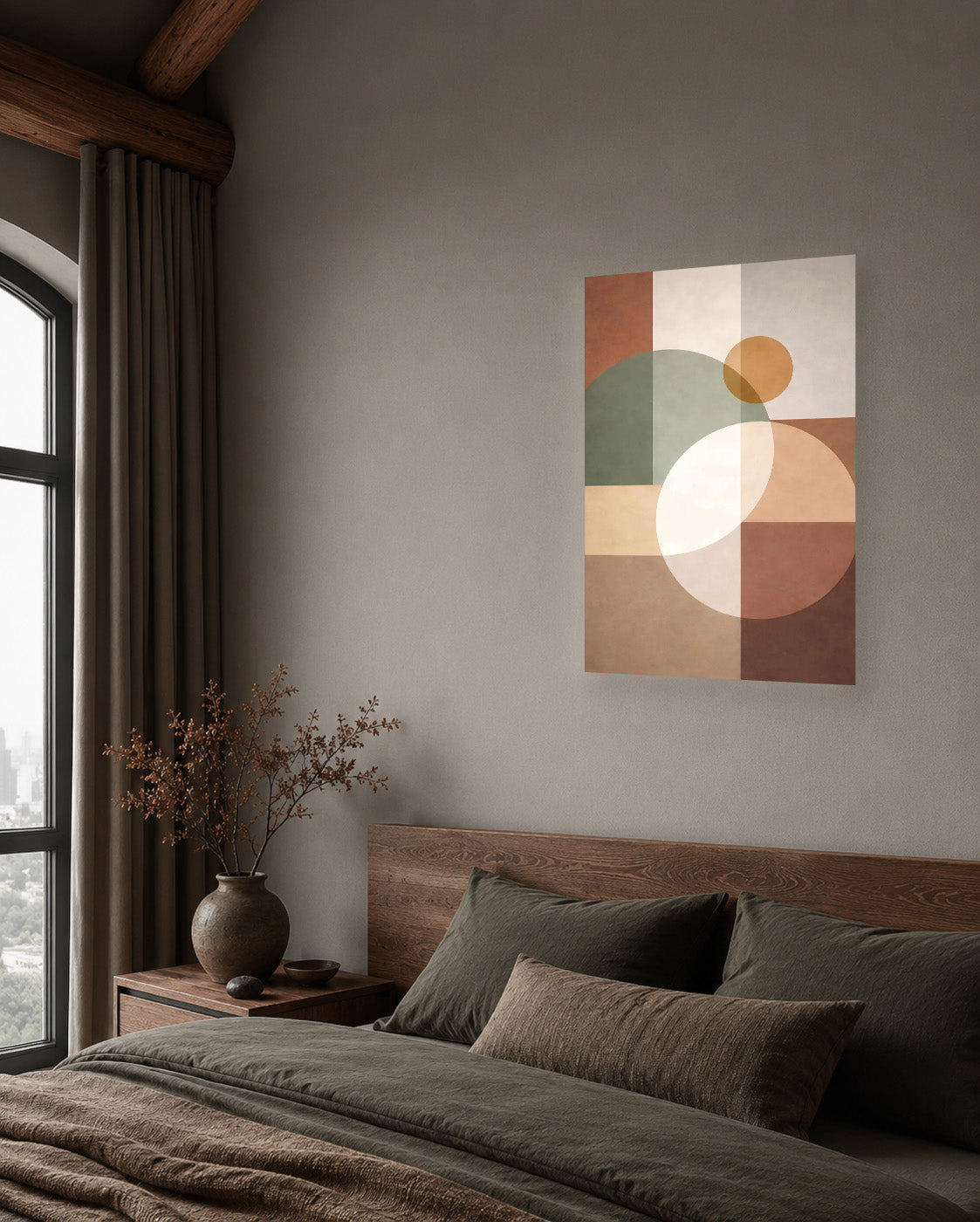 Moody bedroom with dark wood accents and abstract geometric wall art poster above the bed