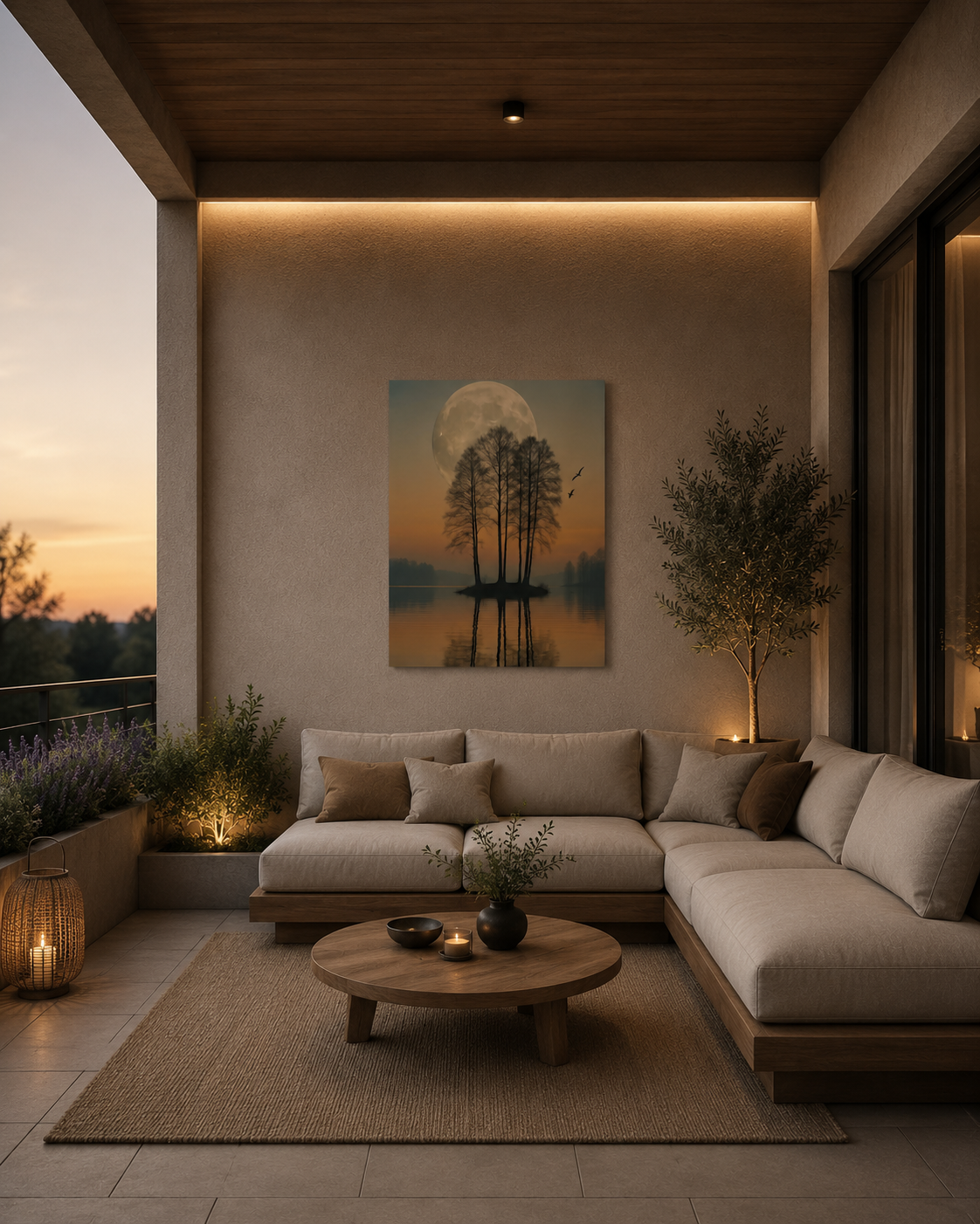 Moonlit Reflection canvas print displayed on covered outdoor terrace lounge