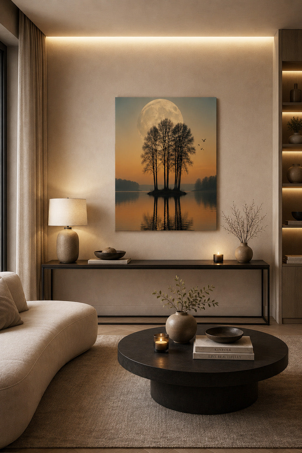 Moonlit Reflection canvas artwork in warm earthy modern living room interior