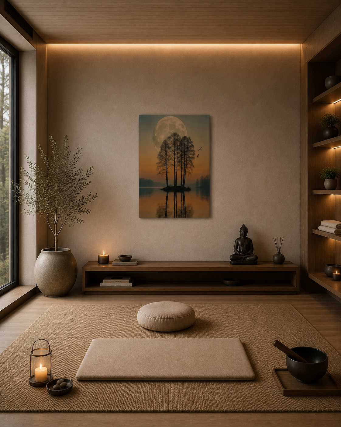 Moonlit Reflection canvas wall art in minimalist meditation and yoga room