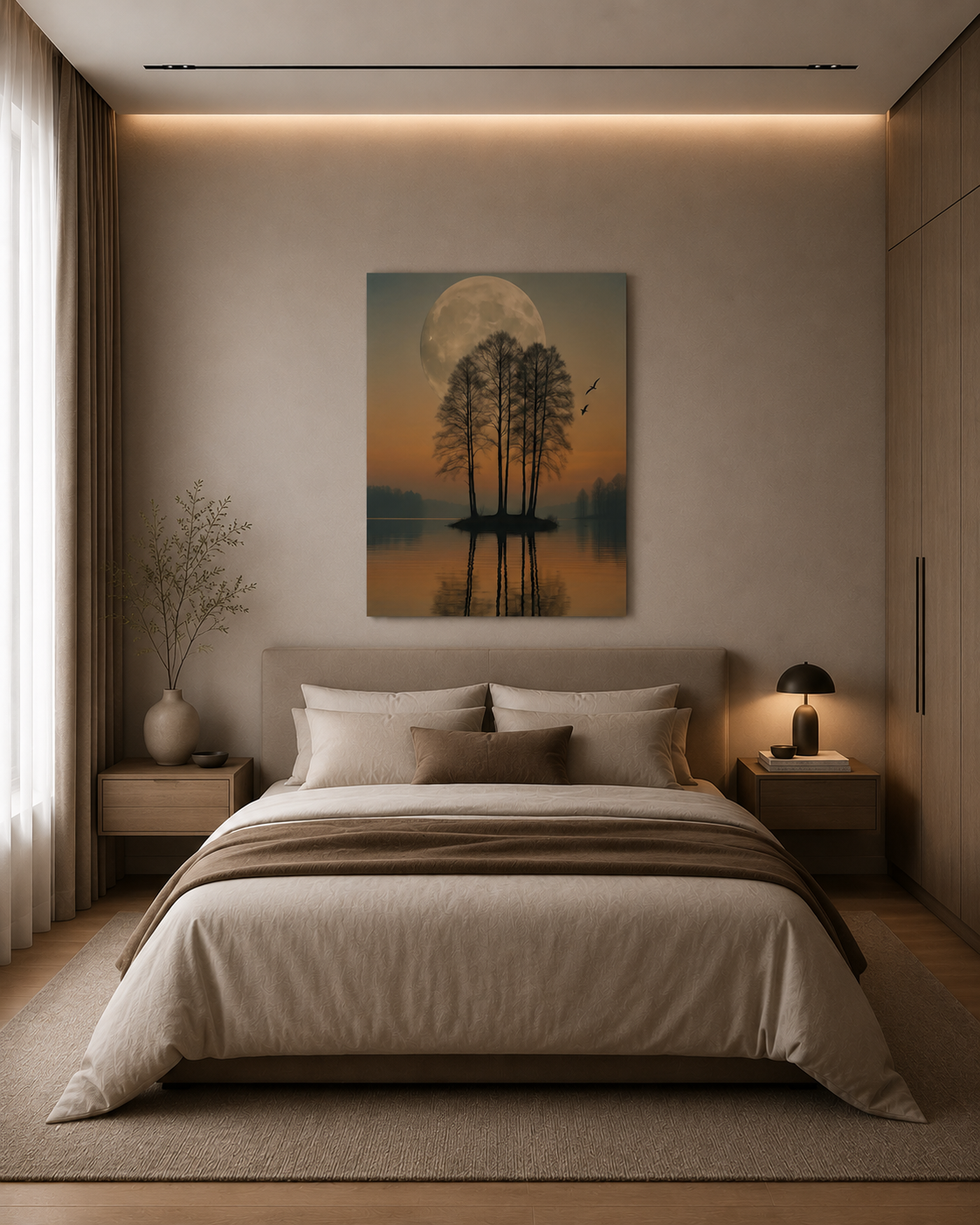 Moonlit Reflection canvas artwork above bed in warm minimalist bedroom interior