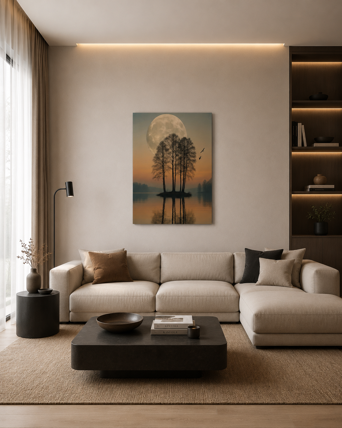 Moonlit Reflection canvas wall art in modern neutral living room with beige sectional sofa