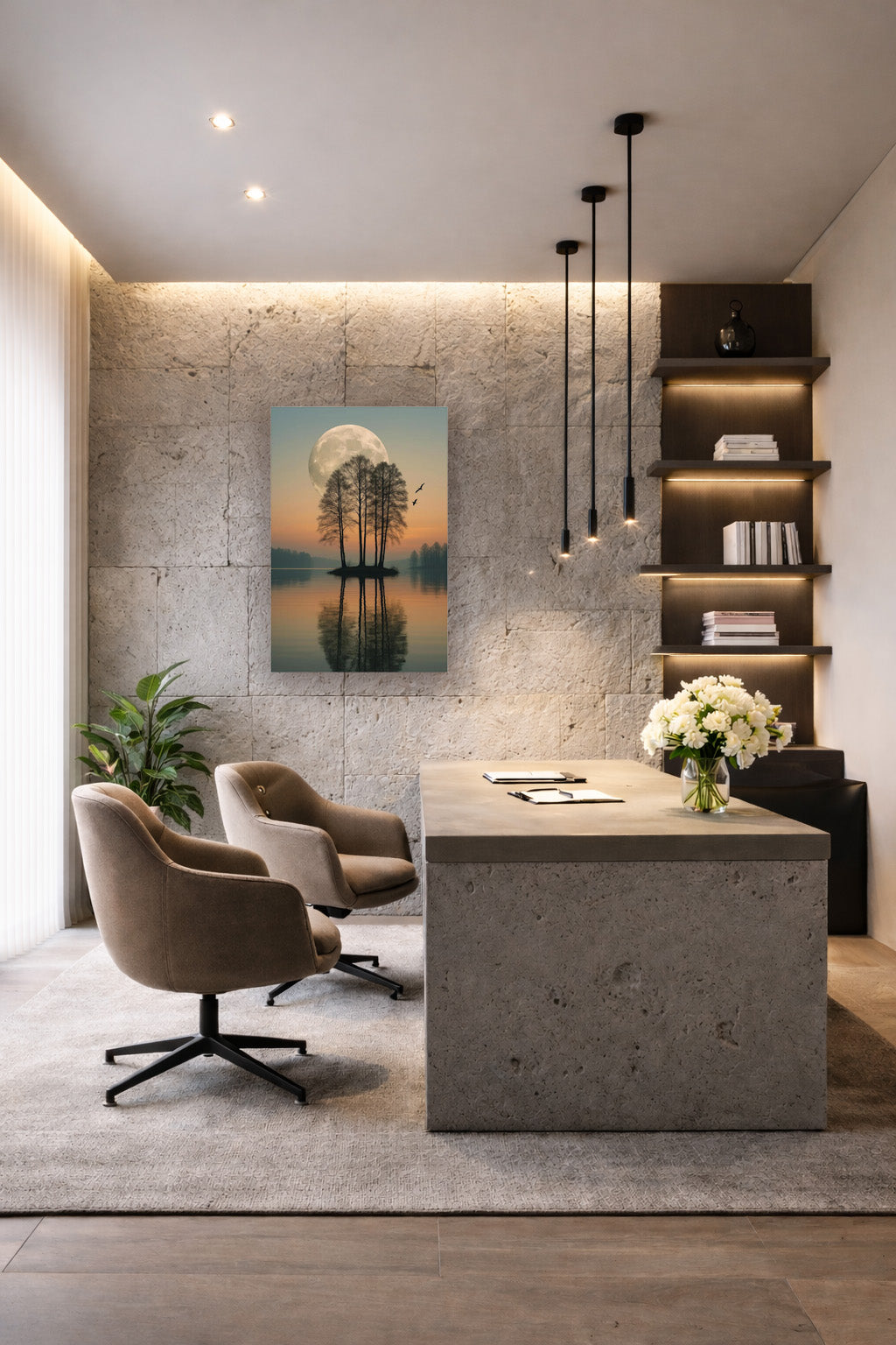 Moonlit Reflection poster displayed in modern home office workspace