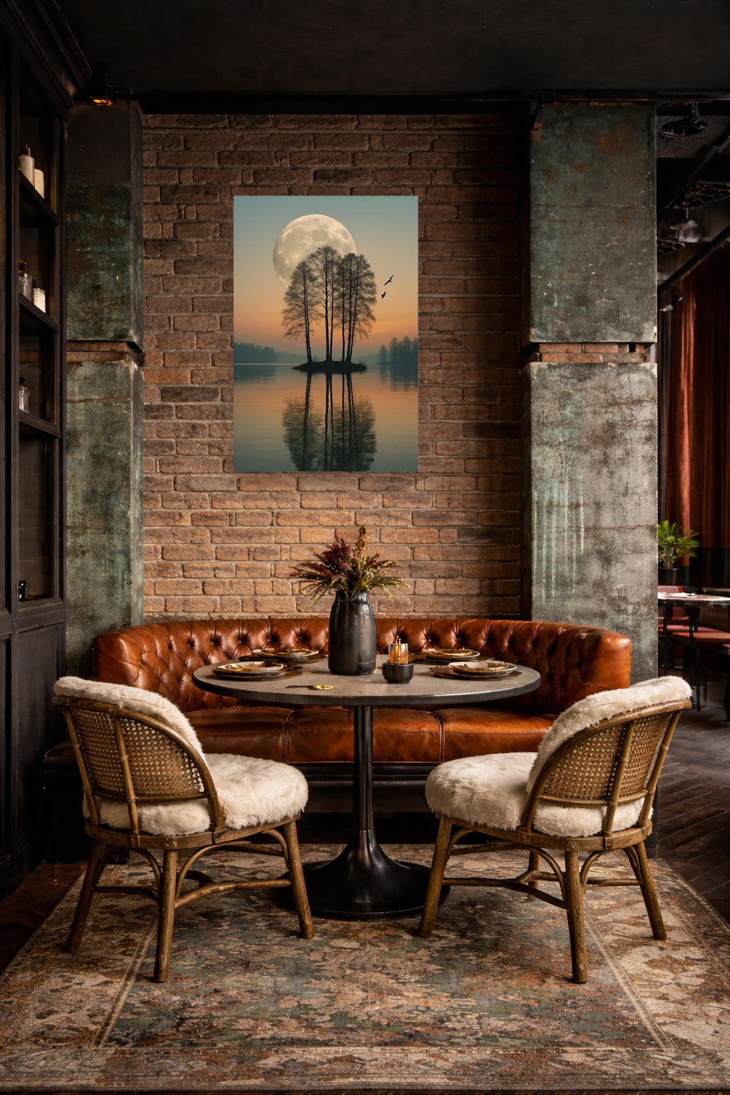 Moonlit Reflection poster displayed in industrial restaurant interior with brick walls and leather seating
