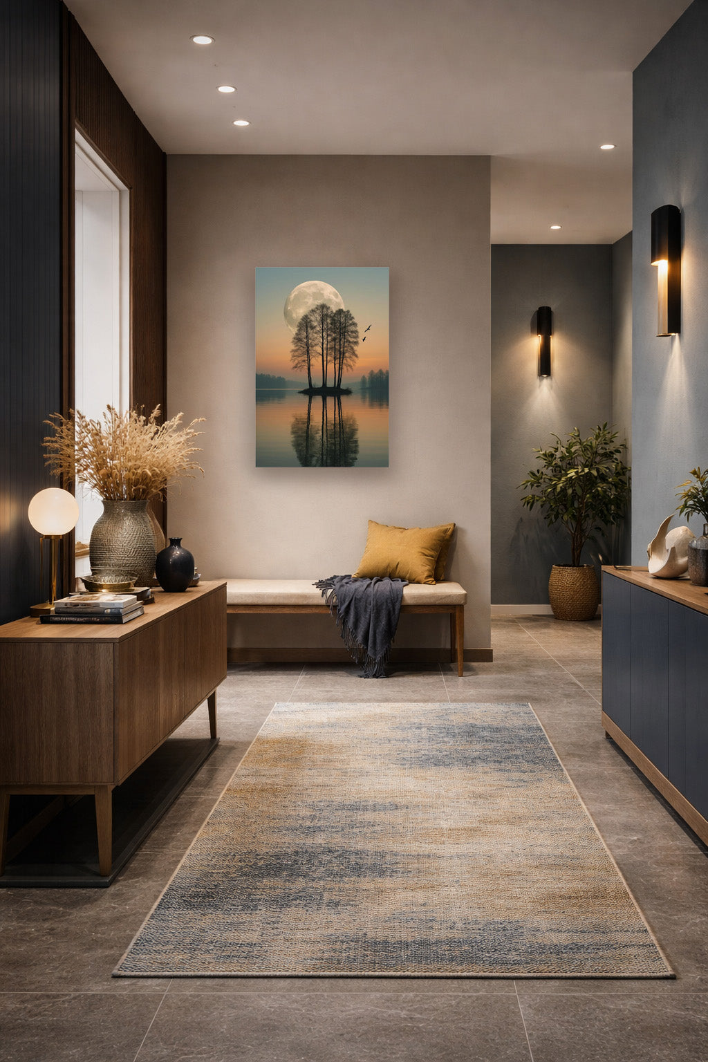 Moonlit Reflection poster in modern entryway interior with warm neutral decor