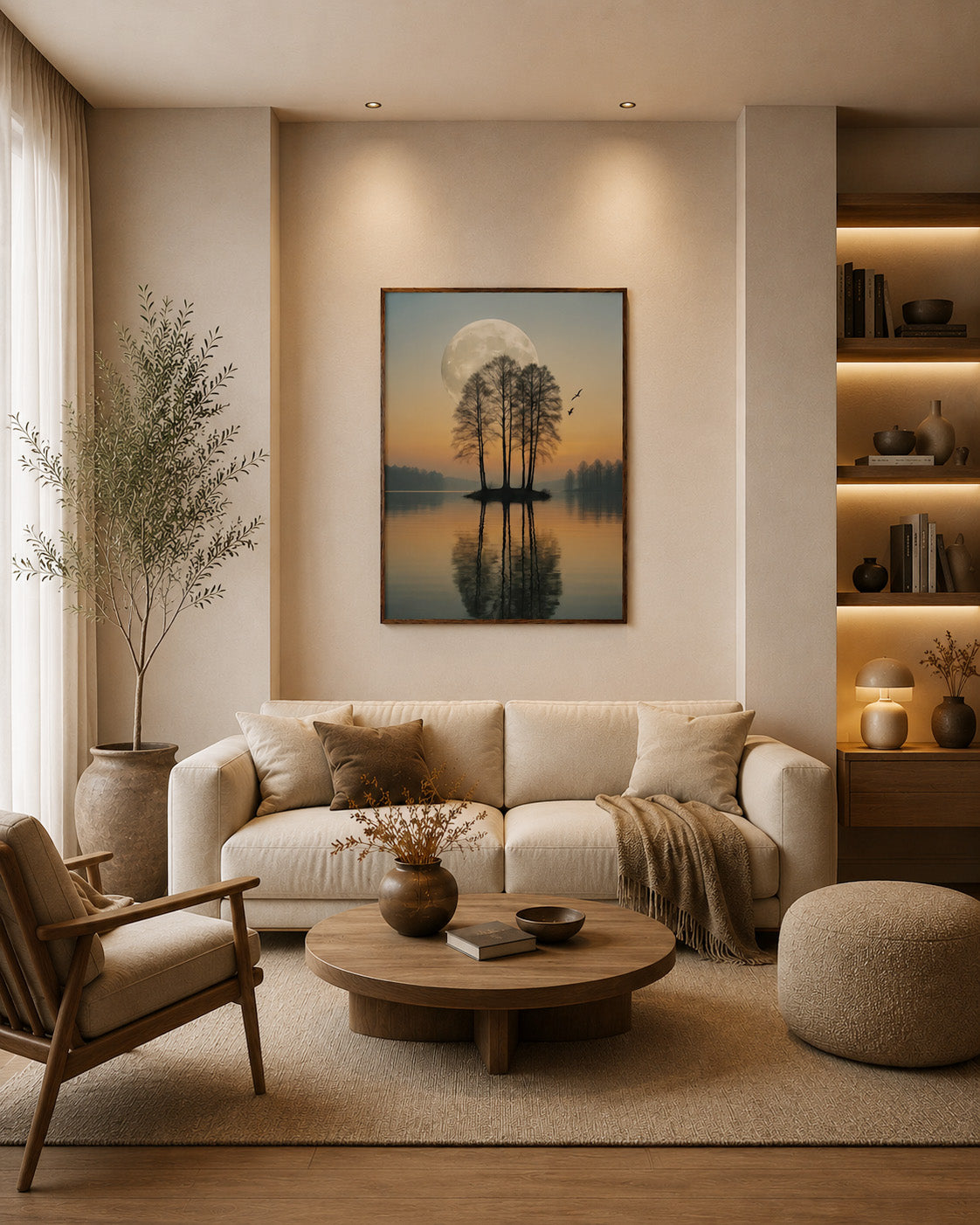 Moonlit Reflection wall art with natural wood frame displayed in a cozy modern lounge room with beige sofa and warm neutral decor