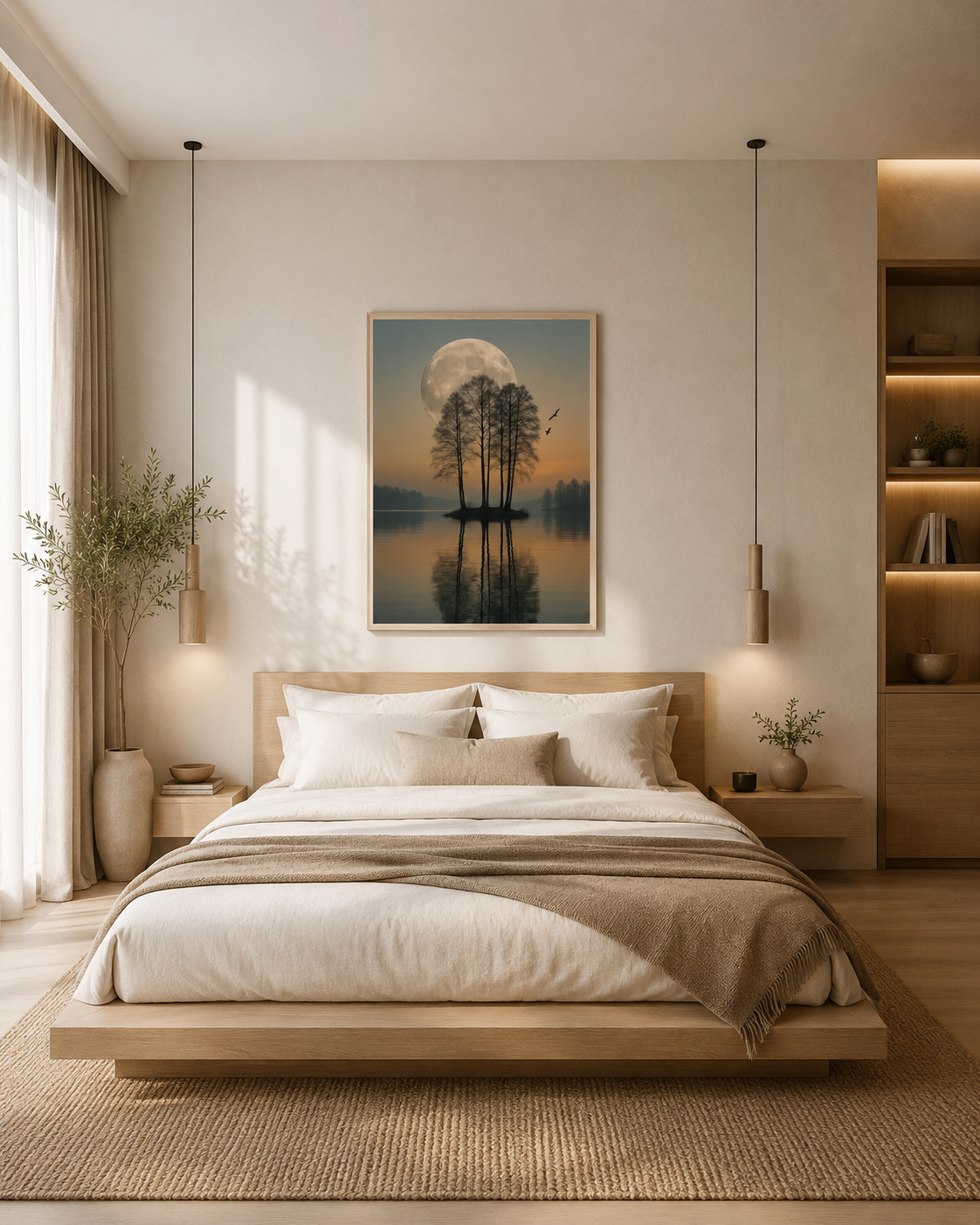 Moonlit Reflection moon landscape wall art with light wood frame displayed above bed in a modern minimalist bedroom