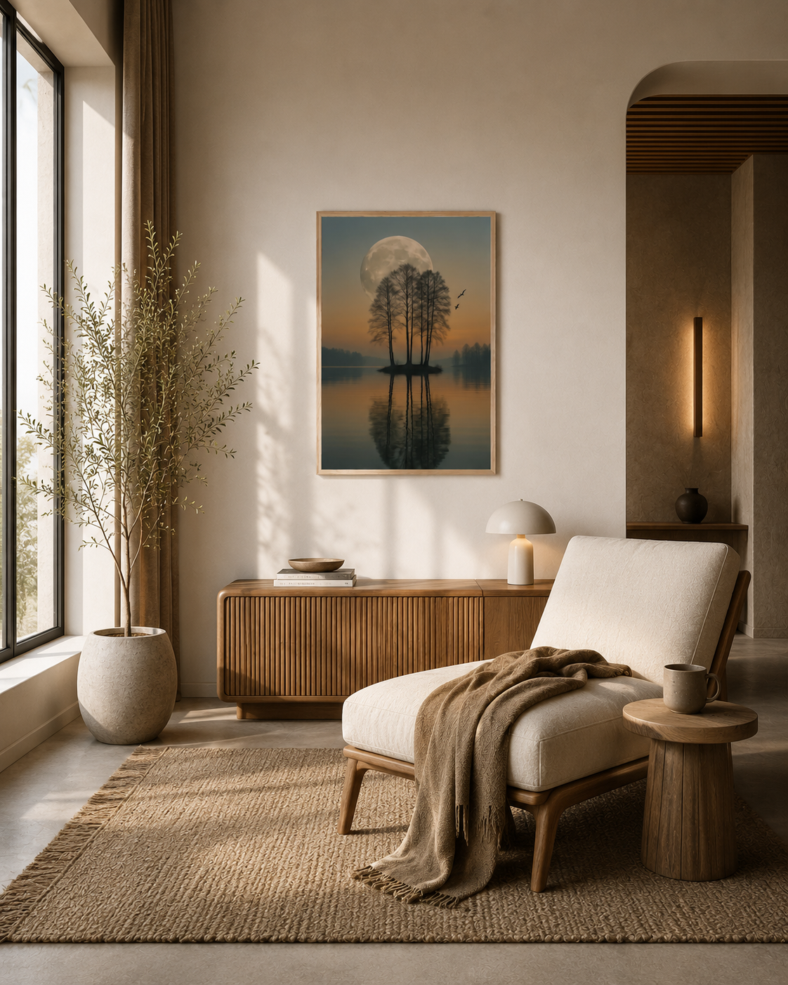 Moonlit Reflection wall art with natural wood frame in a modern relaxation corner with lounge chair and warm Scandinavian interior
