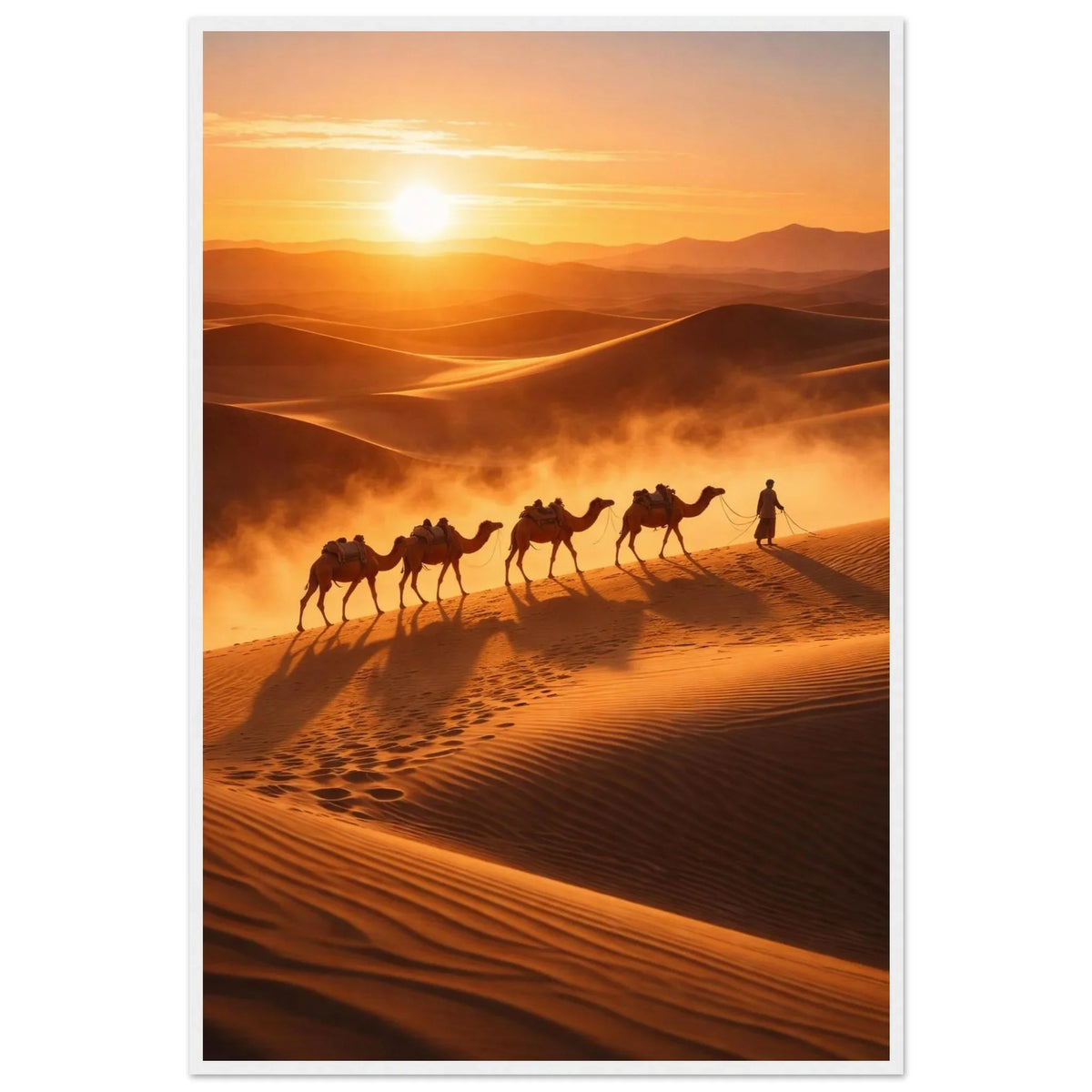Desert dunes framed wall art in gold and deep orange tones with the caravan silhouettes