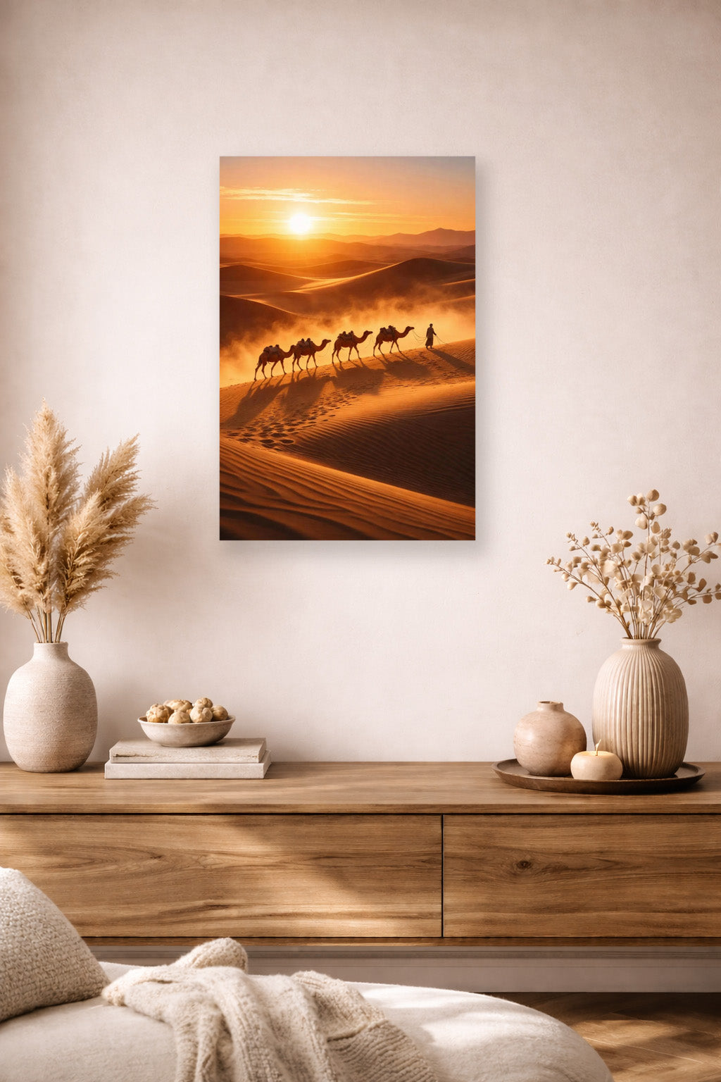 Minimal beige interior styling with wooden console table, pampas grass decor and desert caravan canvas wall art.