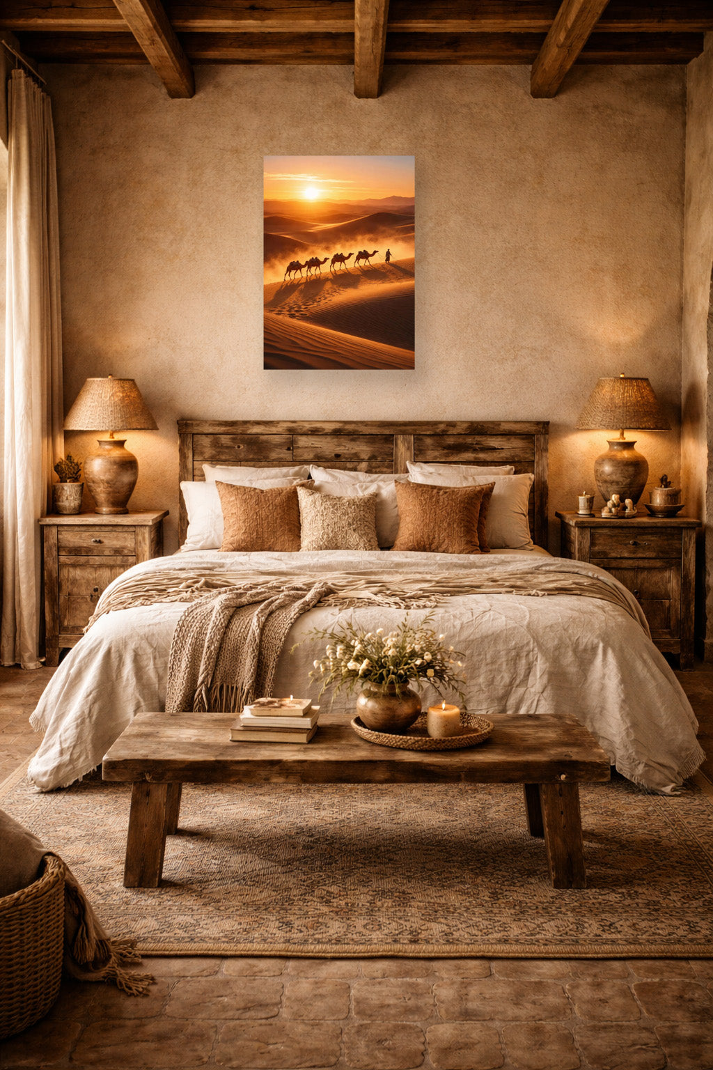 Cozy Moroccan bedroom with neutral bedding, rustic wooden beams, warm lighting and desert camel canvas wall art.
