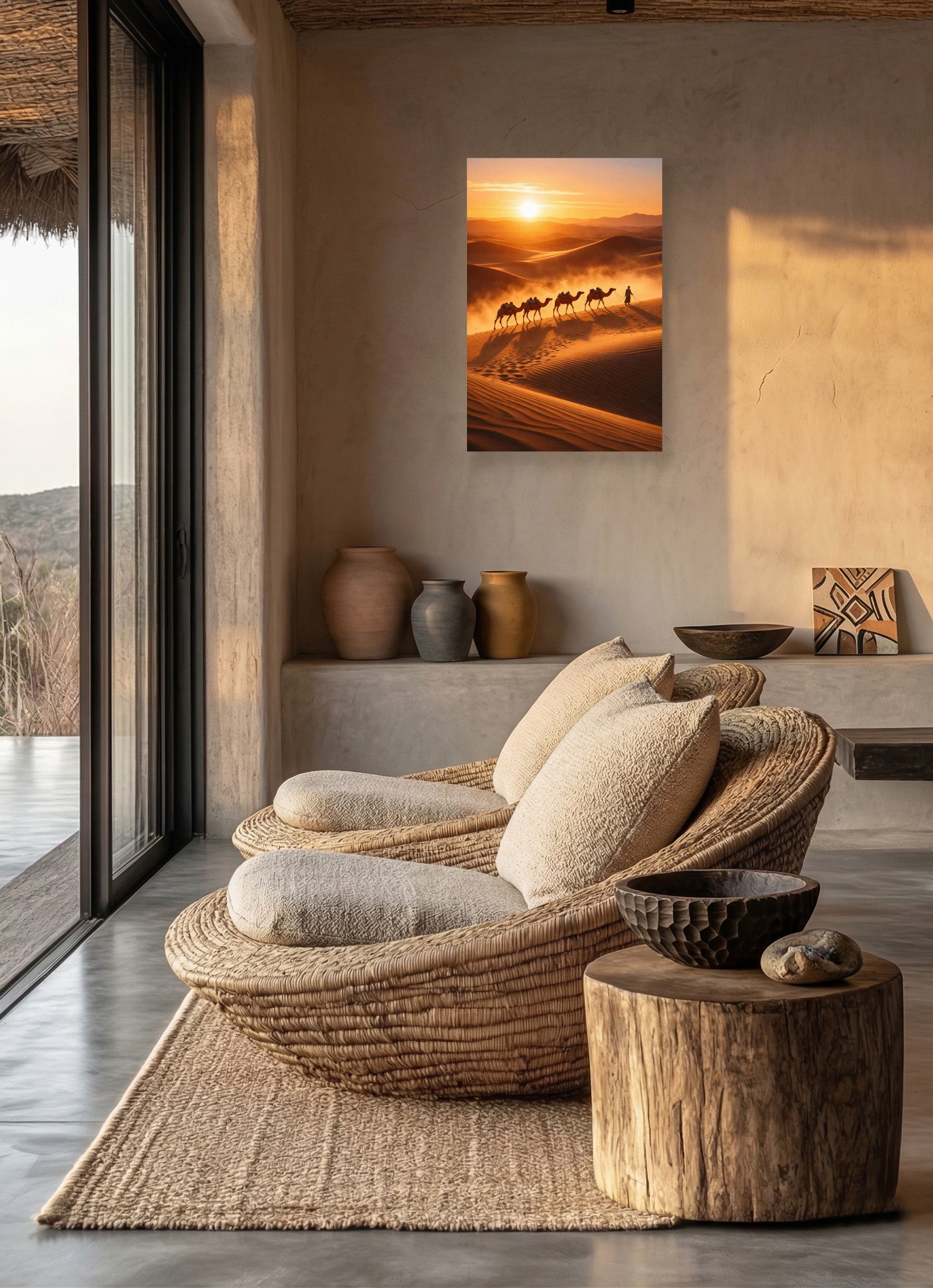 Modern Moroccan lounge corner with woven chair, textured walls, wooden stool and realistic desert dunes canvas print.