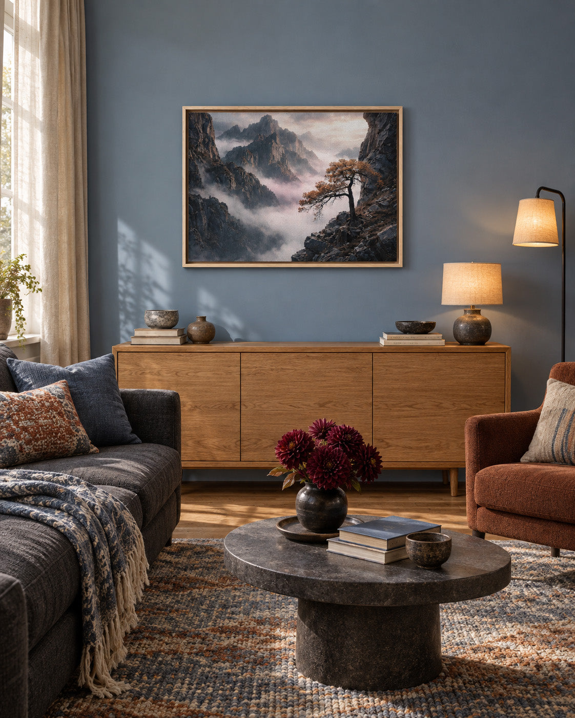Atmospheric mountain and pine tree wall art displayed in a blue modern living room
