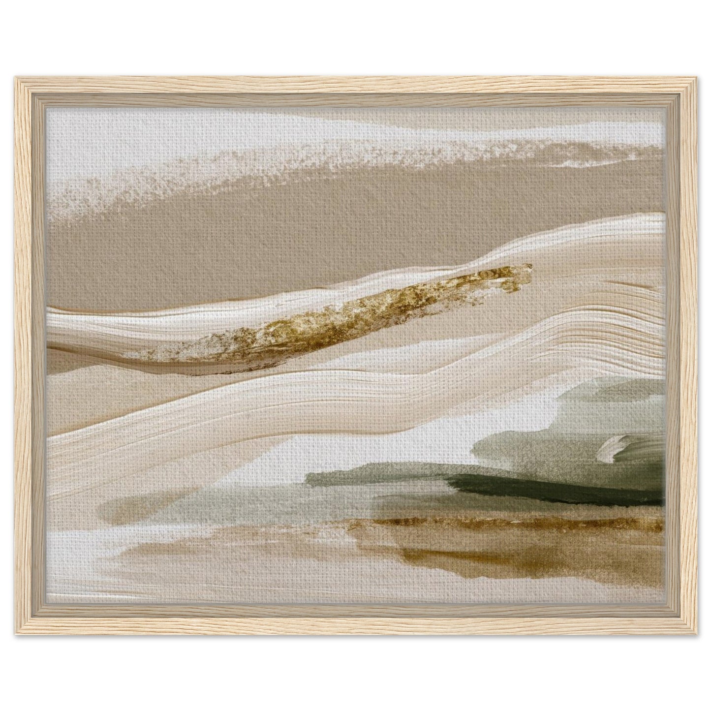 Muted gold and neutral landscape artwork with subtle sage accents in natural wood frame