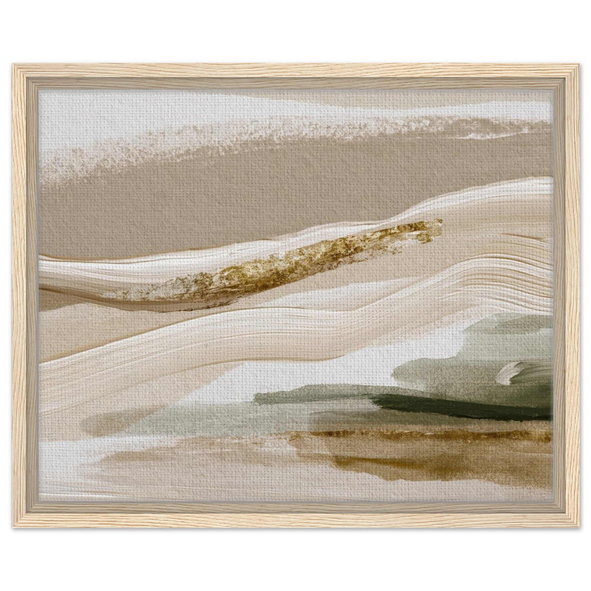 Muted gold and neutral landscape artwork with subtle sage accents in natural wood frame