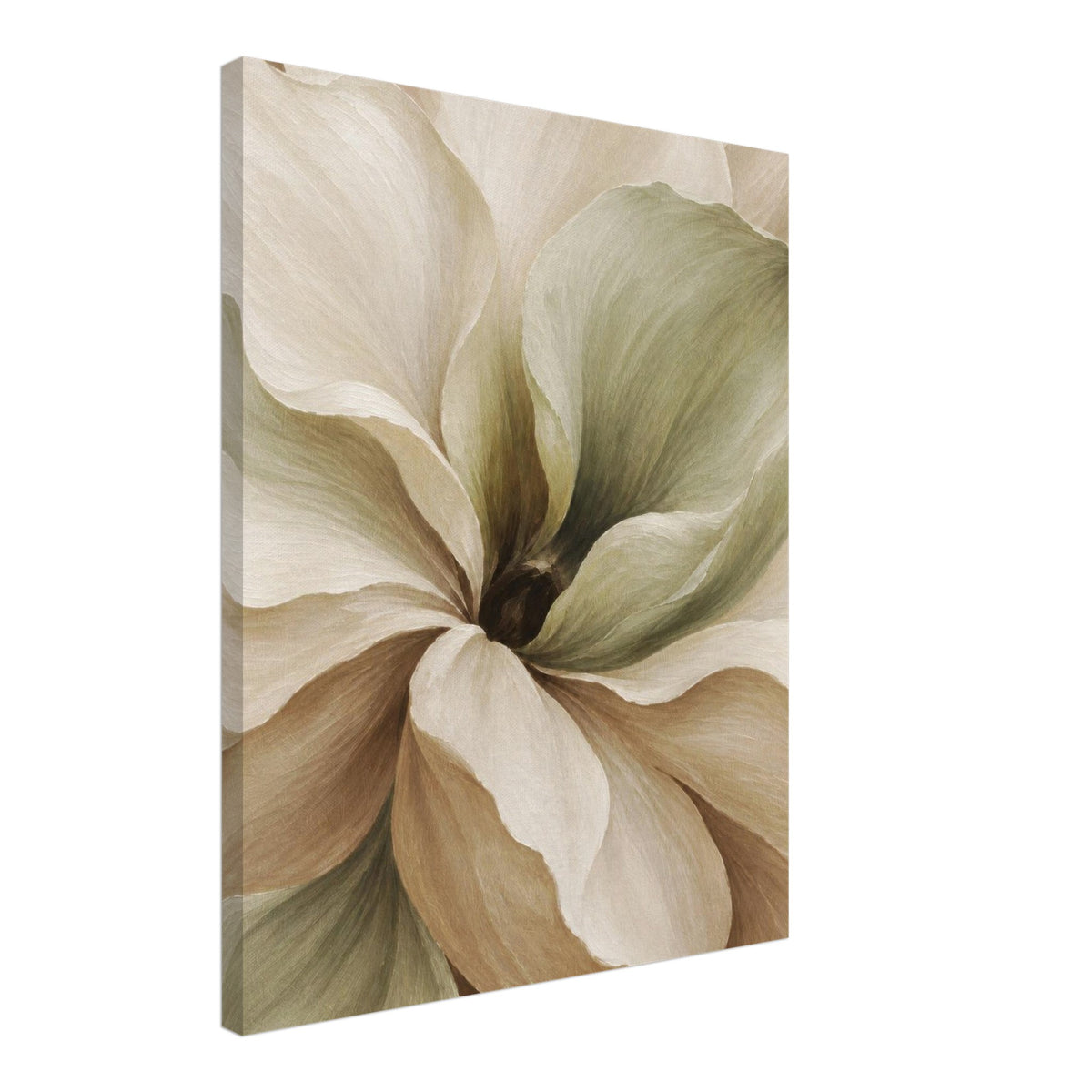 Angled view of Muted Magnolia floral canvas showing the printed flower and wrapped canvas edge.