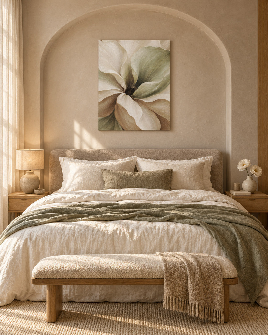 Muted Magnolia floral canvas above an upholstered bed in an arched alcove with cream bedding and a sage throw.