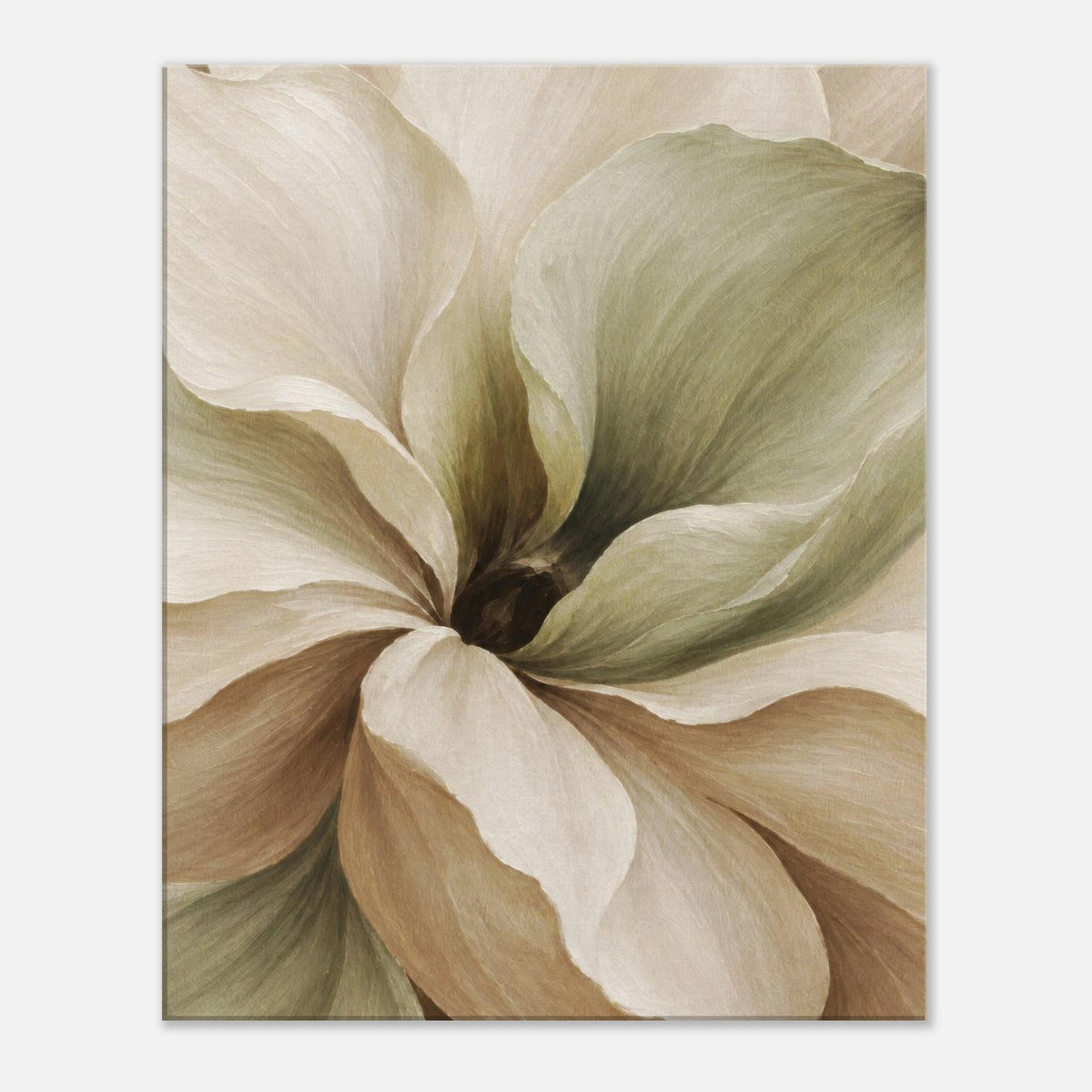Muted Magnolia canvas wall art with cream, beige and muted green petals around a dark flower centre.